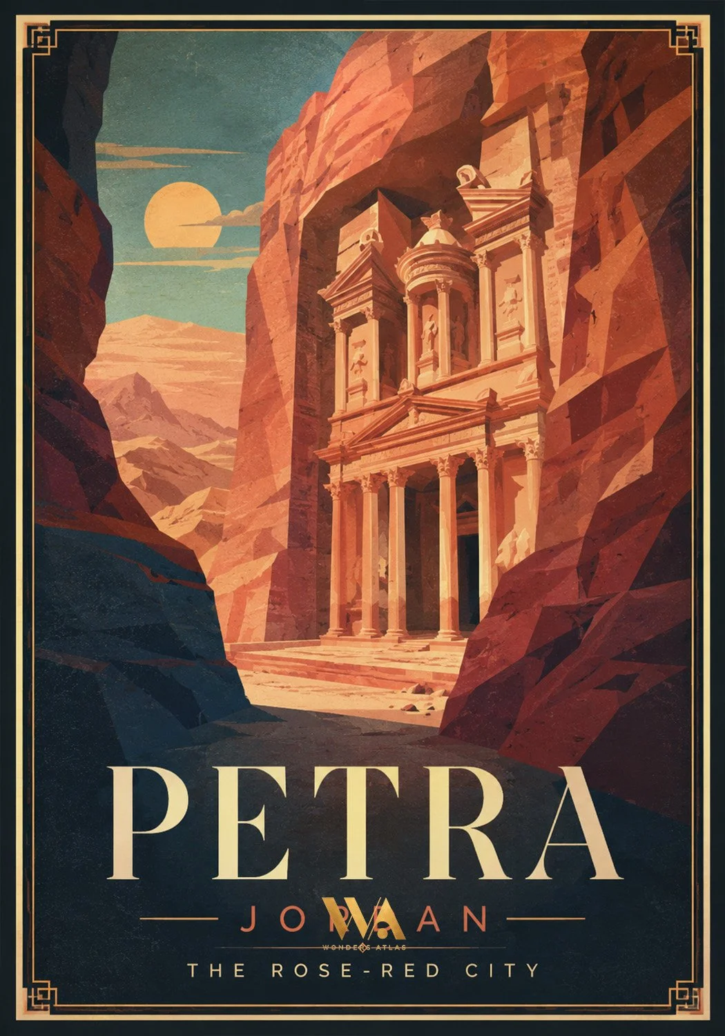 Illustration of Petra, the rose-red city, with a large ancient building carved into the cliff face, framed by mountains and a setting sun in the background.