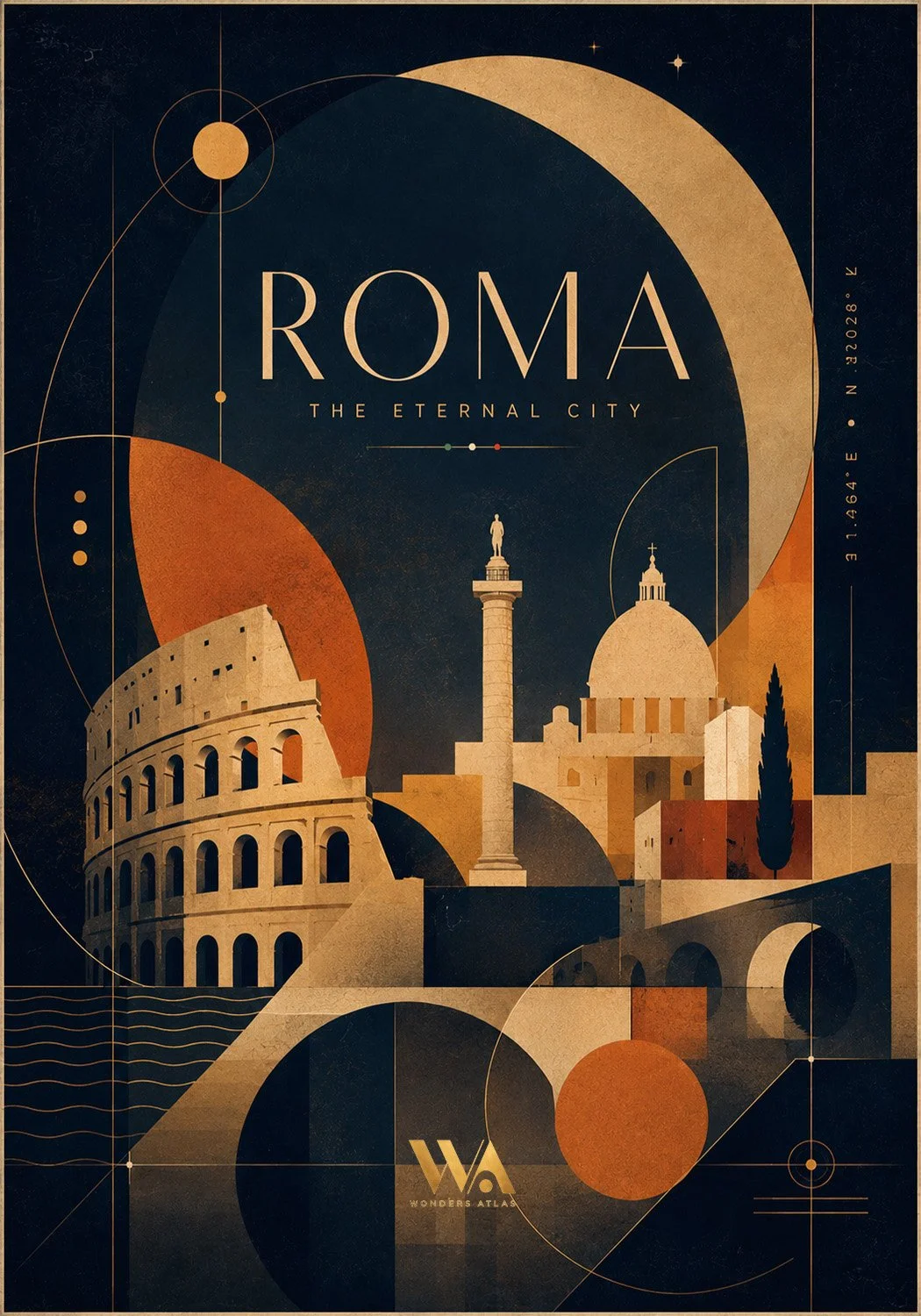 Stylized illustration of iconic landmarks in Rome, Italy, including the Colosseum, Pantheon, and Roman Forum, with abstract geometric shapes and a dark background.