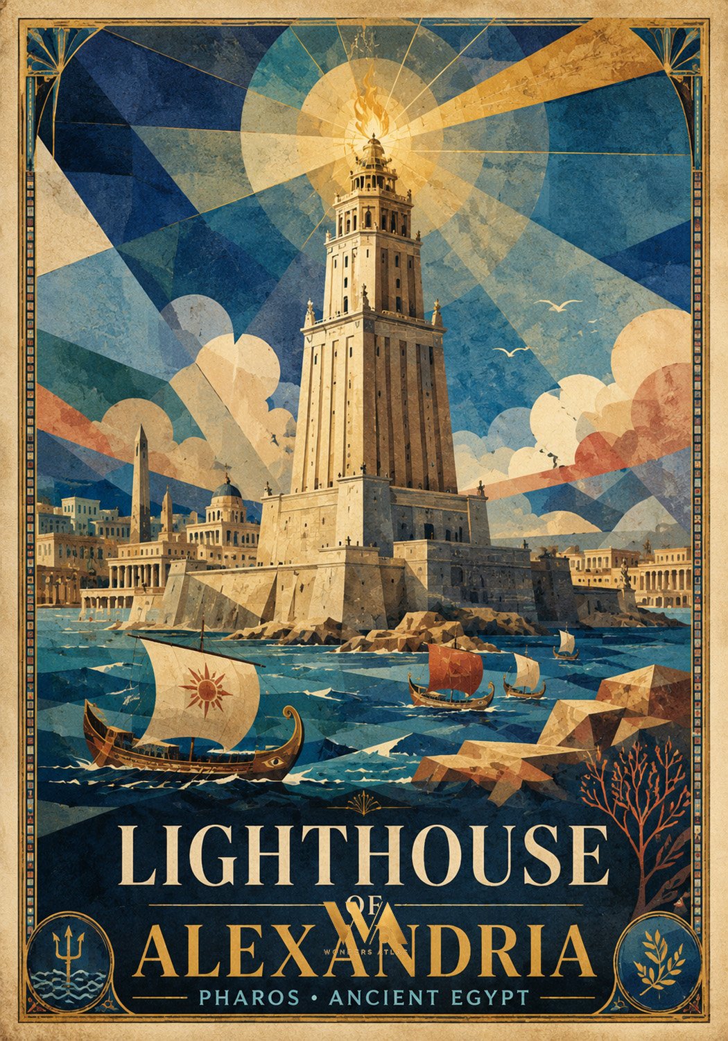 Vintage travel poster of Alexandria, Egypt, featuring the lighthouse of Alexandria with ships sailing in the water and ancient buildings in the background, under a colorful sky.