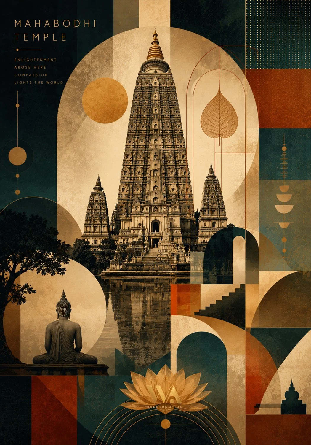 An artistic digital illustration of Mahabodhi Temple in India, with geometric shapes, circles, and abstract patterns, including a Buddha statue, lotus flower, and a leaf, in a warm color palette of gold, orange, and dark green.