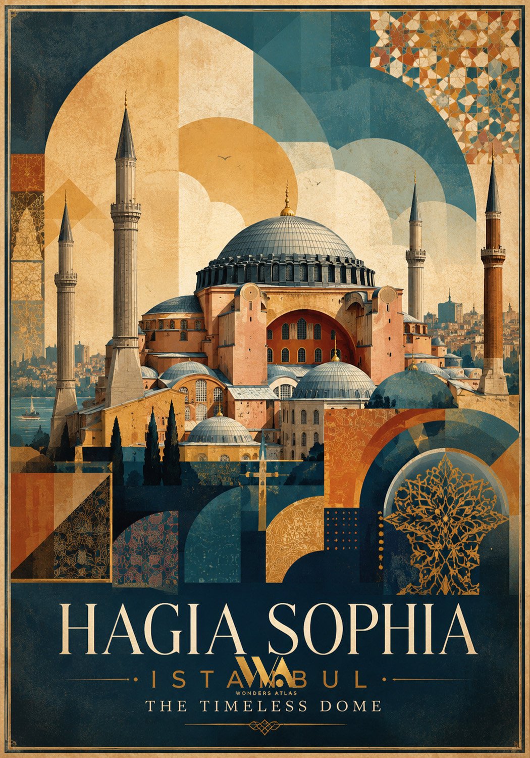 Illustration of Hagia Sophia in Istanbul, Turkey, with stylized geometric patterns and text reading 'Hagia Sophia, Istanbul, The Timeless Dome'.