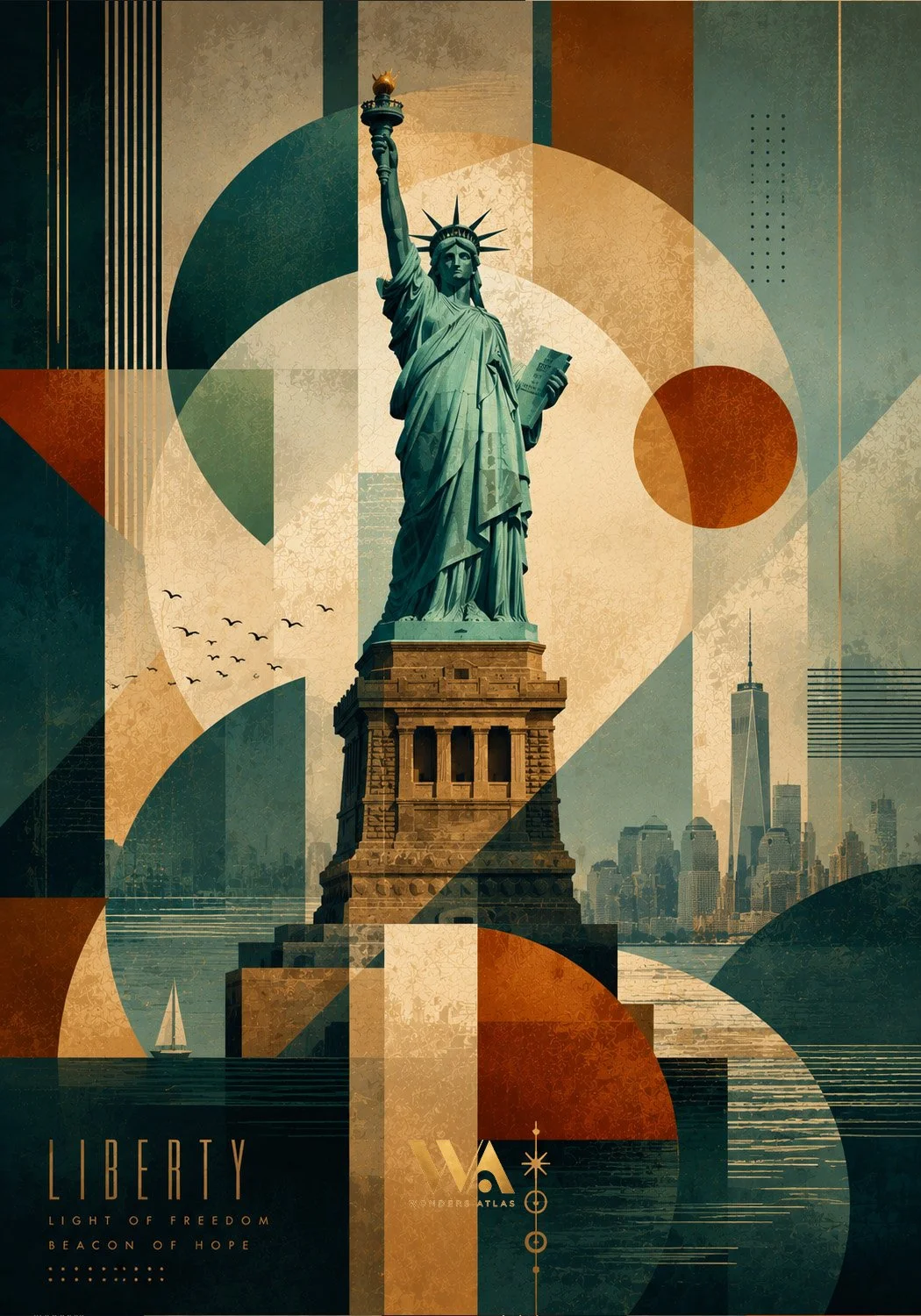 Artistic image of the Statue of Liberty with a modern city skyline in the background, featuring geometric shapes and muted tones.