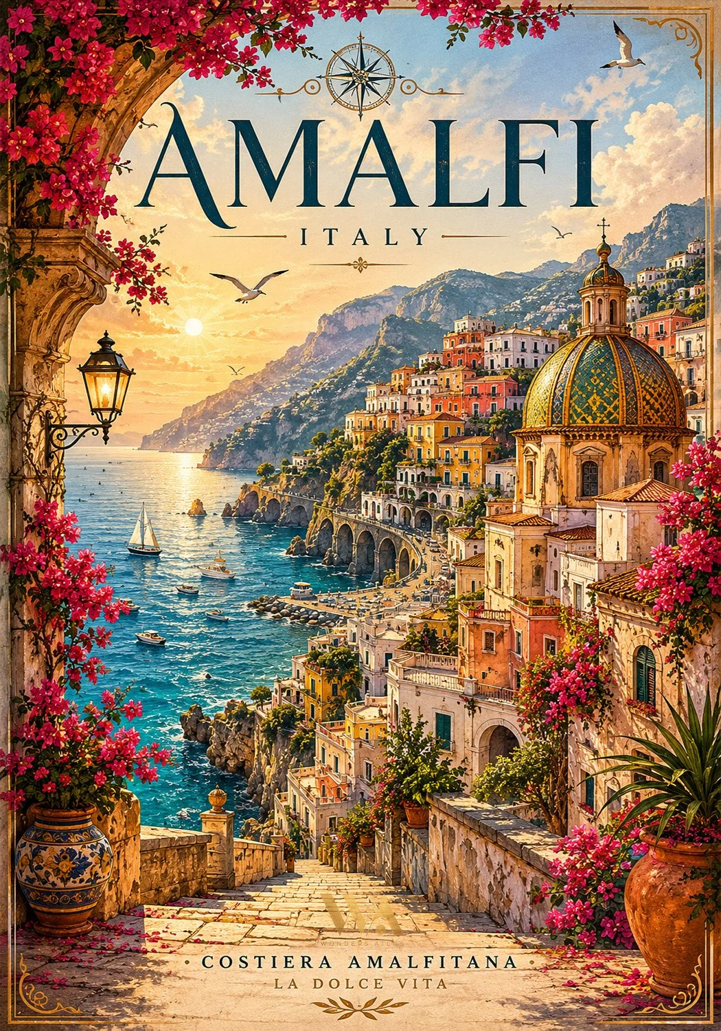 Scenic view of the Amalfi Coast in Italy during sunset, showing colorful hillside buildings, a domed church, boats in the water, mountains in the background, and pink flowers in the foreground.