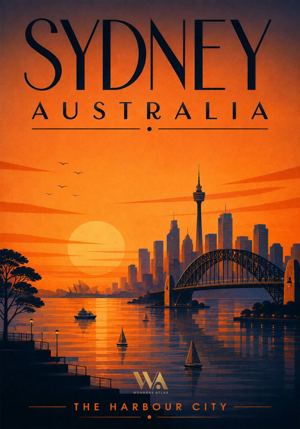 Illustration of Sydney, Australia skyline at sunset with the Sydney Harbour Bridge, Sydney Tower, sailboats on the water, and the Opera House in the background. 