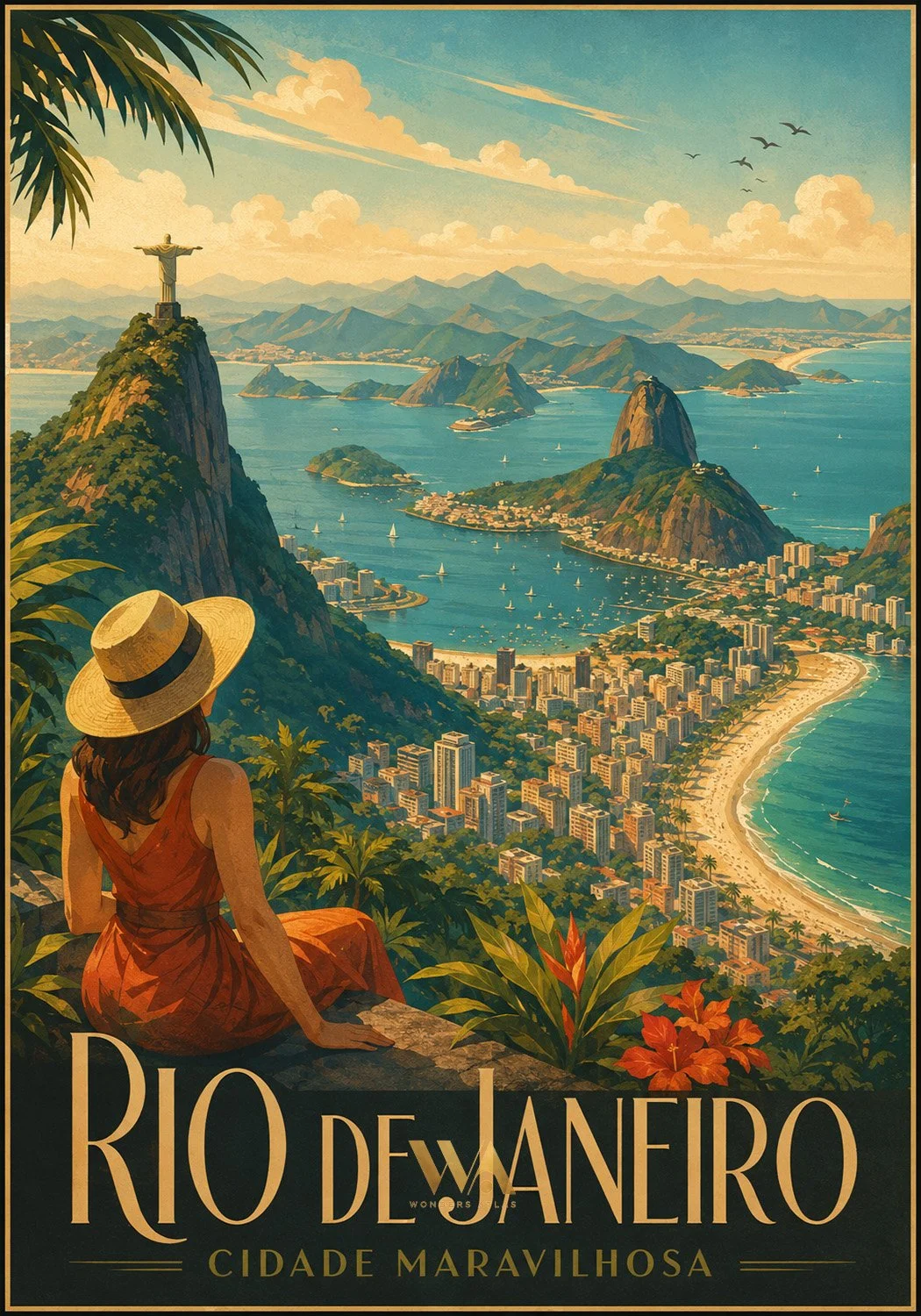 A woman in a sunhat sitting on a hill overlooking Rio de Janeiro, with Christ the Redeemer statue on Corcovado mountain, Sugarloaf Mountain, and the cityscape along the coast, with boats in the harbor and lush greenery.