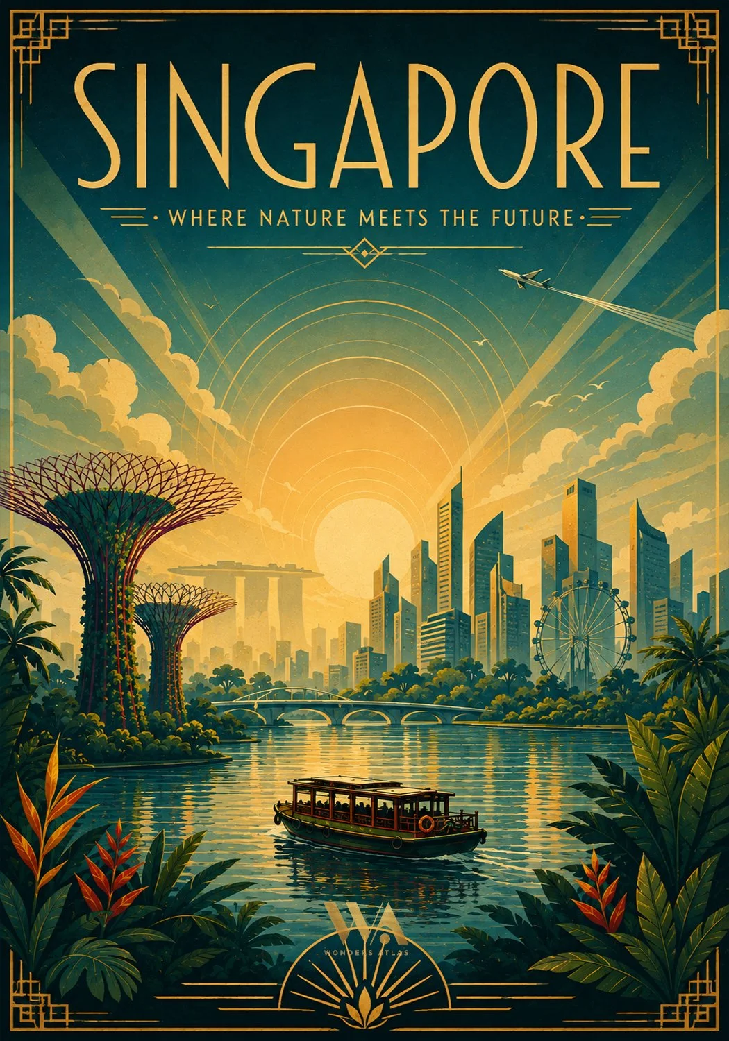Illustration of Singapore's skyline featuring futuristic skyscrapers, the Marina Bay Sands hotel, the Supertree Grove at Gardens by the Bay, and the Singapore Flyer Ferris wheel, with a boat on the river at sunset.