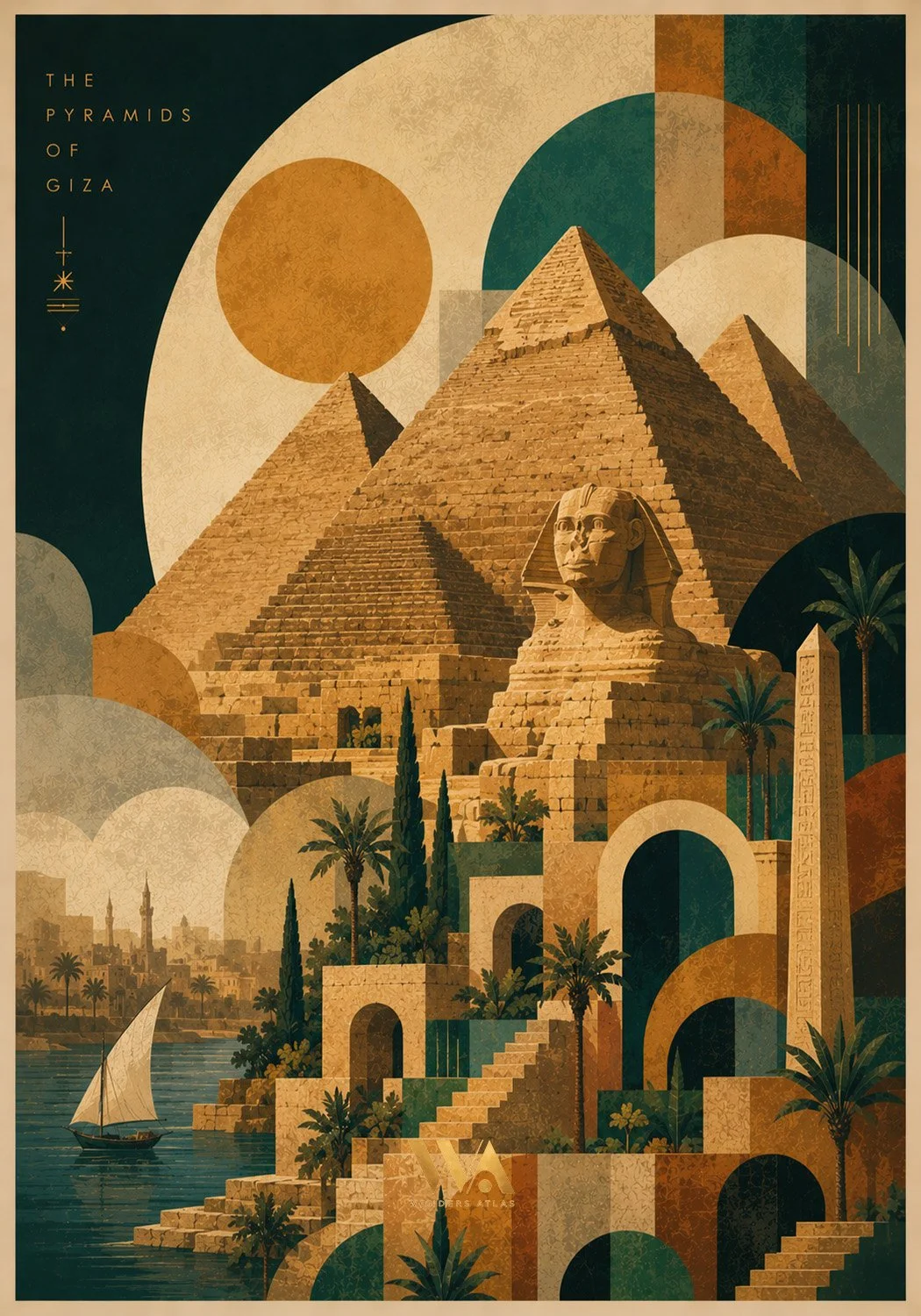 Illustration of the Pyramids of Giza with a sphinx, palm trees, and a sailing boat on the Nile River, stylized with geometric shapes and warm tones.