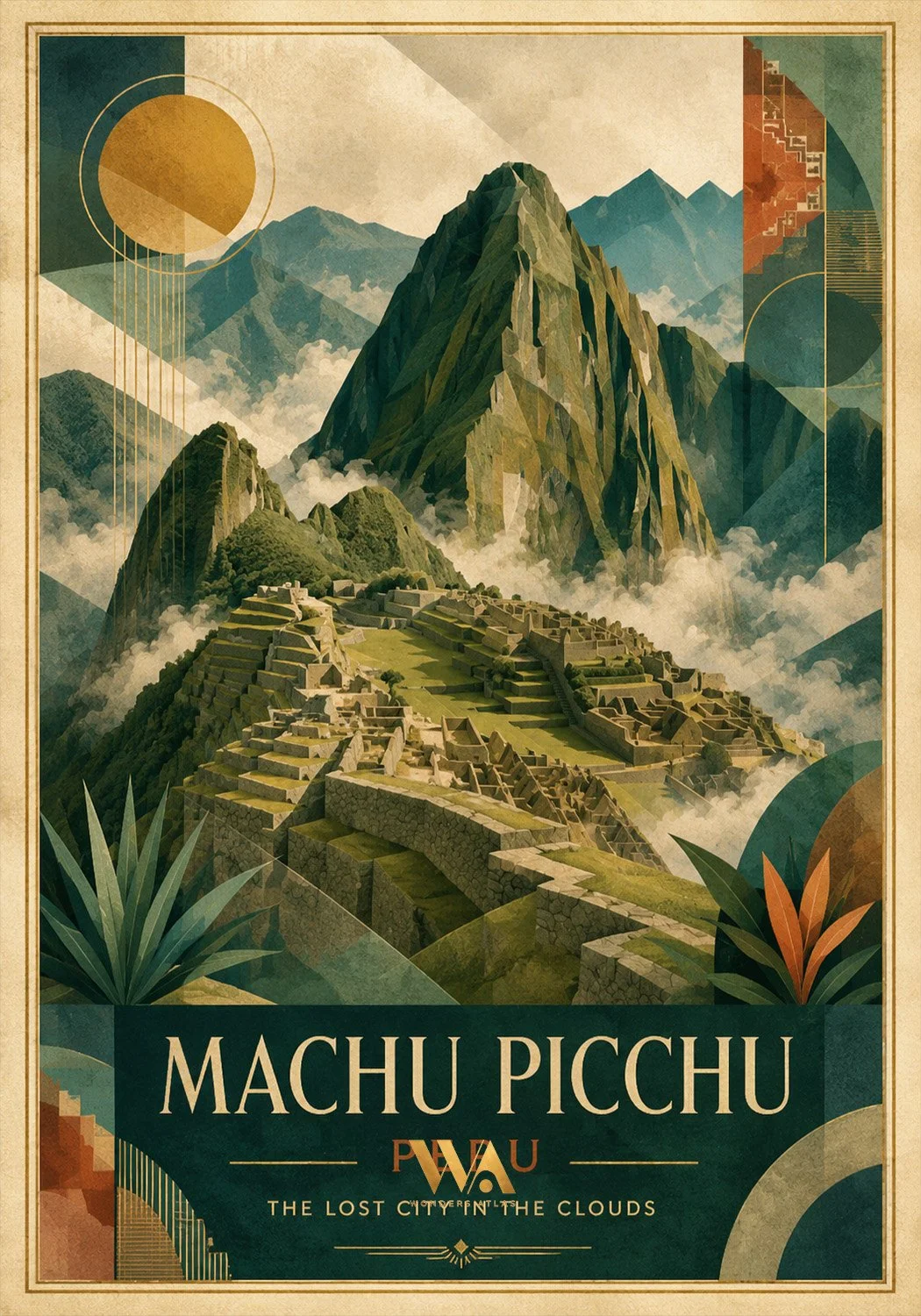 Illustration of Machu Picchu, the ancient Incan city in the clouds, with mountains in the background and decorative geometric elements.