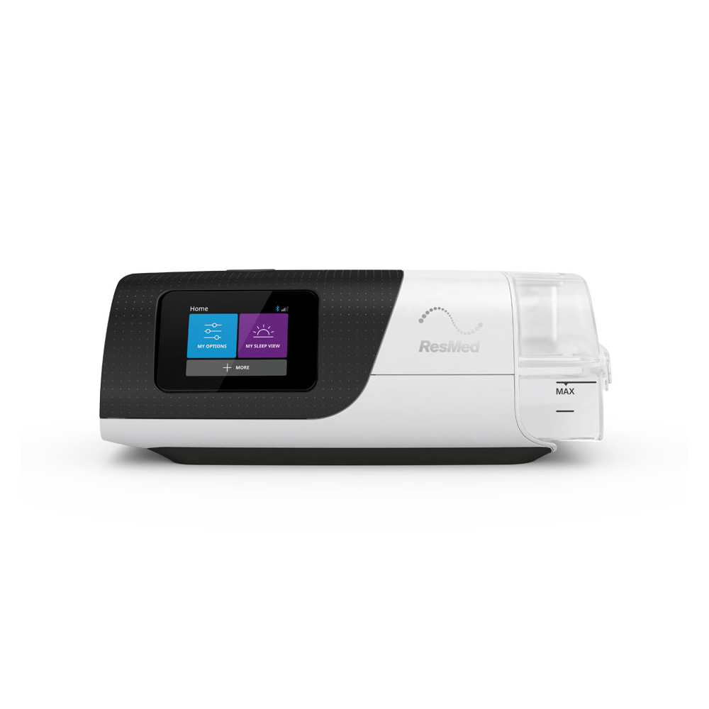 A white and black ResMed CPAP machine with a digital display screen on the front, used for sleep apnea therapy.