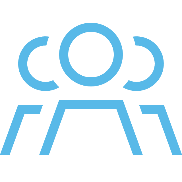Icon of three people, outlines in blue, representing teamwork or a group.