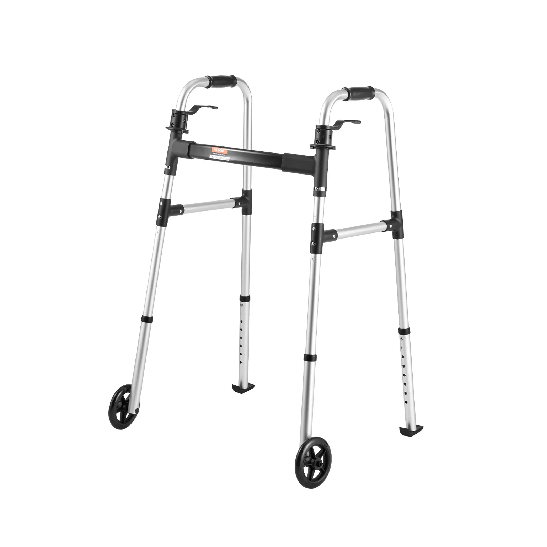 A gray and black mobility walker with four wheels, a horizontal support bar, and adjustable height.