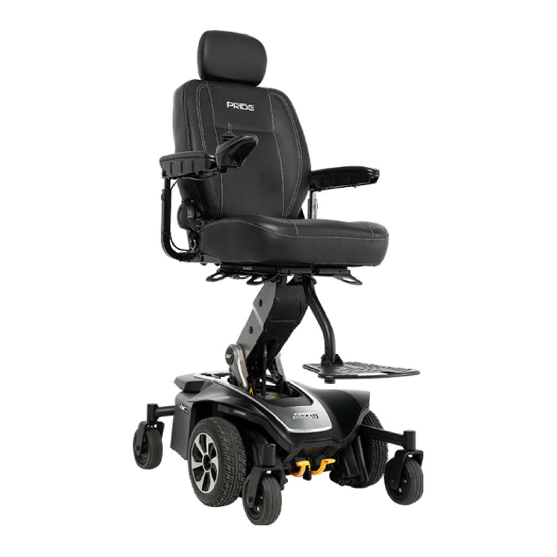 A black motorized wheelchair with a high backrest, armrests, and four wheels.