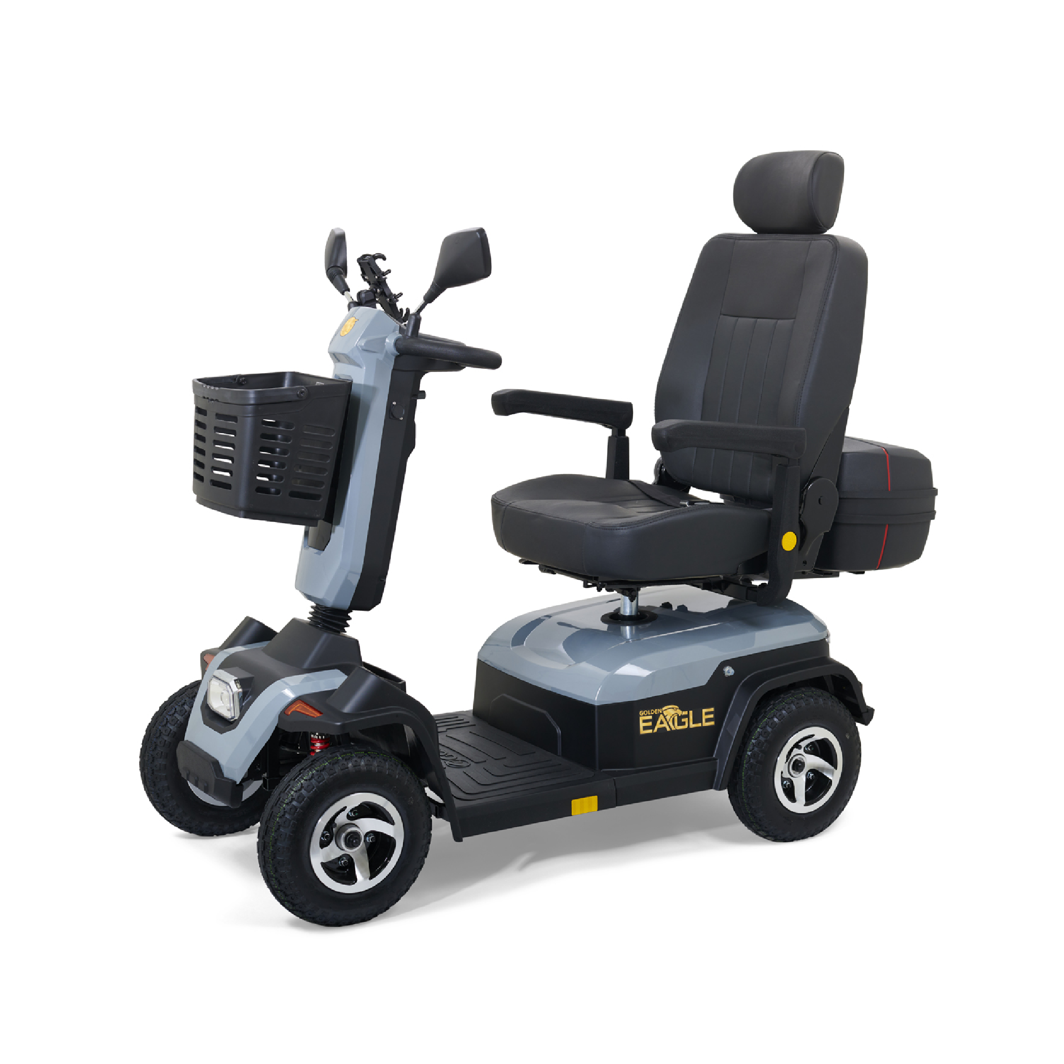 A mobility scooter with a black cushioned seat, handlebars, and a black basket attached to the front, labeled 'Golden Eagle.'