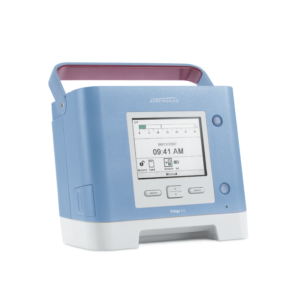 A blue and white medical device with a digital screen displaying the date, time, and other icons, used for respiratory therapy or monitoring.