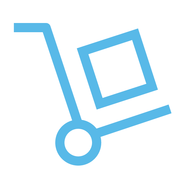 Blue outline of a hand truck or dolly with a computer monitor resting on it.
