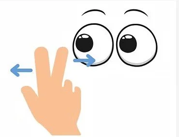 Illustration showing horizontal eye movement exercise with a hand guiding the gaze
