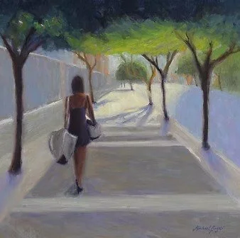 Woman walking down a sunlit tree-lined path representing the journey forward