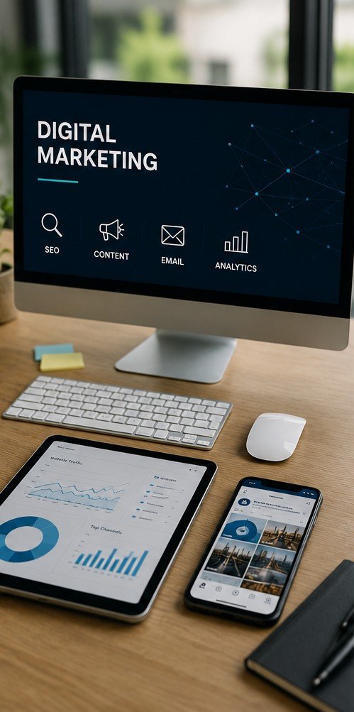 Computer monitor displays digital marketing concepts like SEO, content, email, and analytics; tablet shows data charts; smartphone displays social media images on a wooden desk.