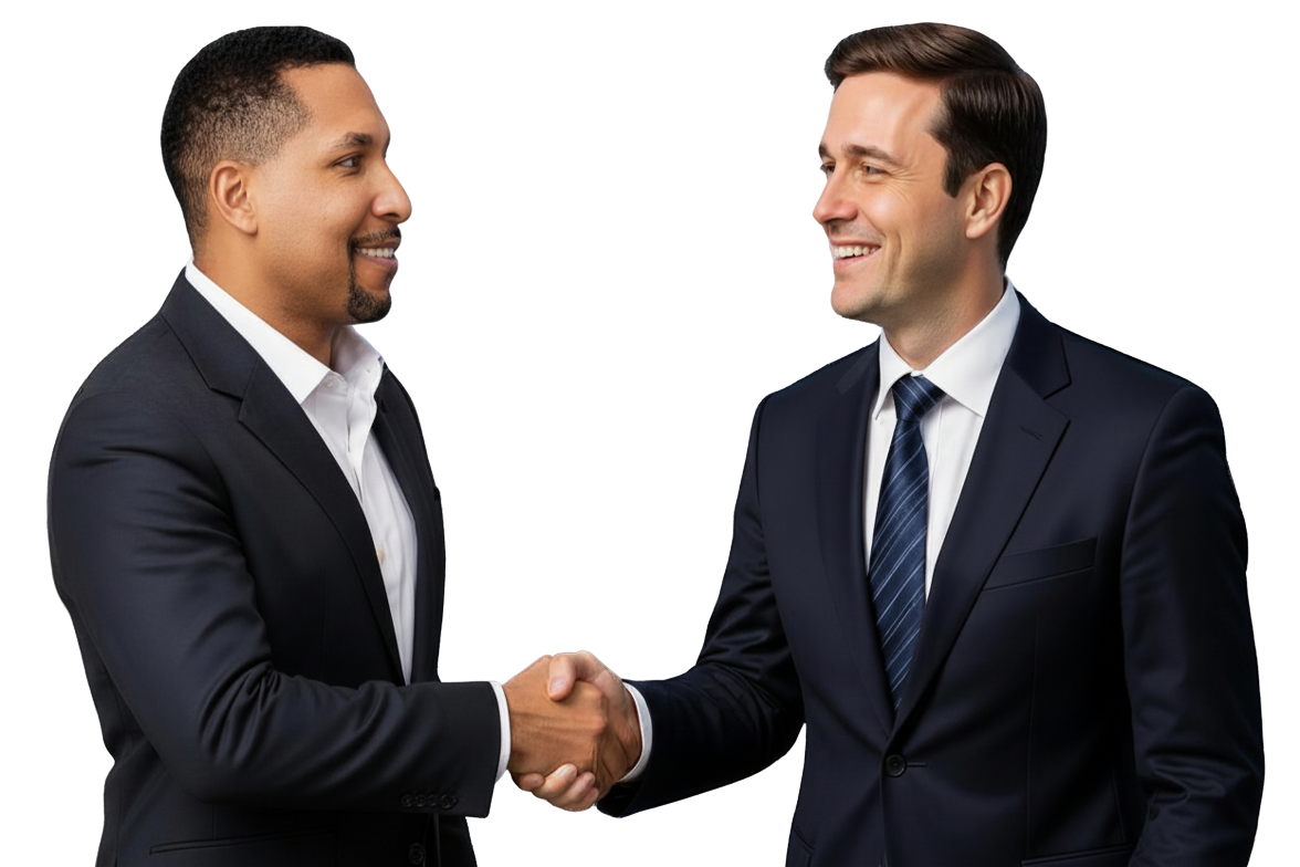 Two men in business suits shaking hands and smiling at each other