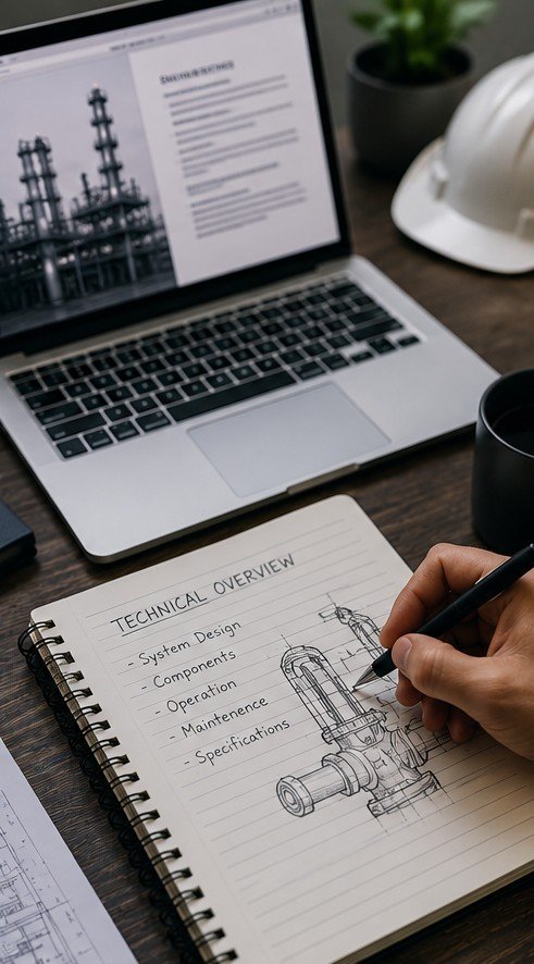 Hand sketching a technical diagram of a valve in a notebook with a laptop displaying technical documents and a white safety helmet on a desk.