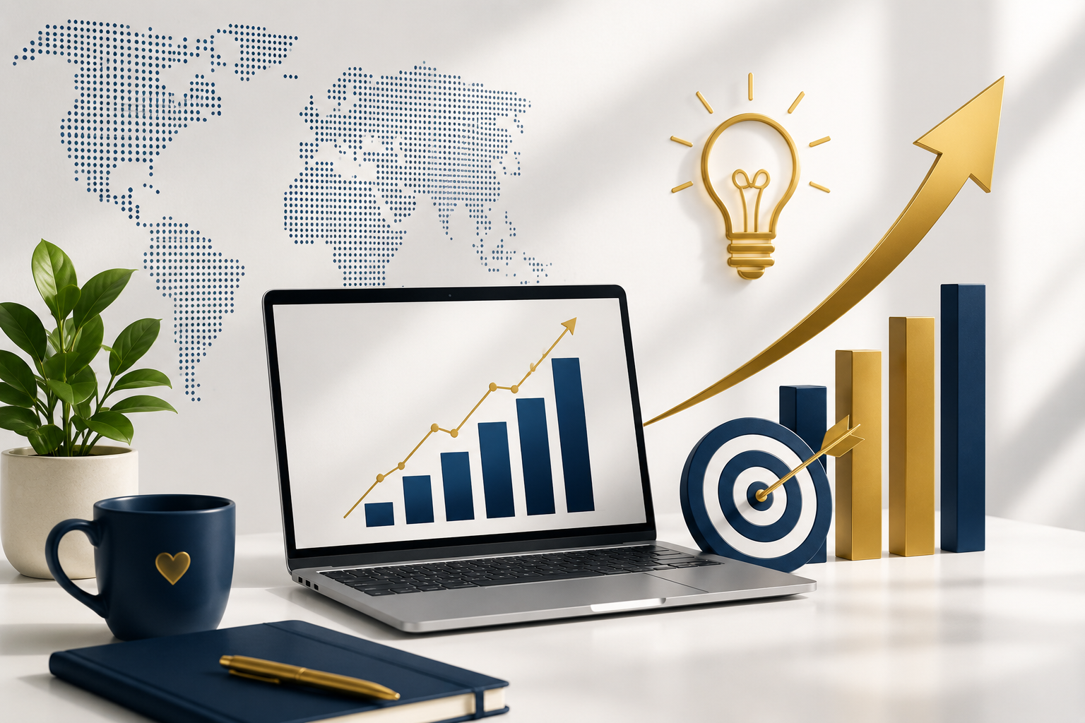 Desk with a laptop showing a rising bar chart, a target with an arrow, gold and navy bar graphs with an upward arrow, a blue mug with a gold heart, a notebook with a gold pen, a potted plant, a wall with a world map made of blue dots, and a golden light bulb wall decor.
