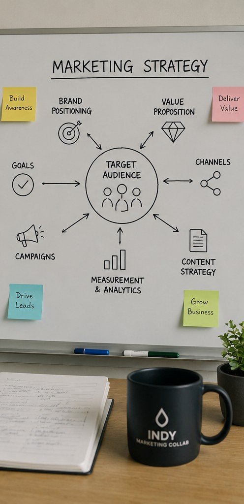 A whiteboard displaying a marketing strategy diagram with a central target audience surrounded by related elements such as goals, campaigns, brand positioning, value proposition, channels, content strategy, measurement & analytics, and grow business. Sticky notes highlight "Build Awareness", "Deliver Value", "Drive Leads", and "Grow Business". There is a black mug with the Indianapolis Marketing Collaborative logo, a notebook, and a small plant on the desk in front of the whiteboard.