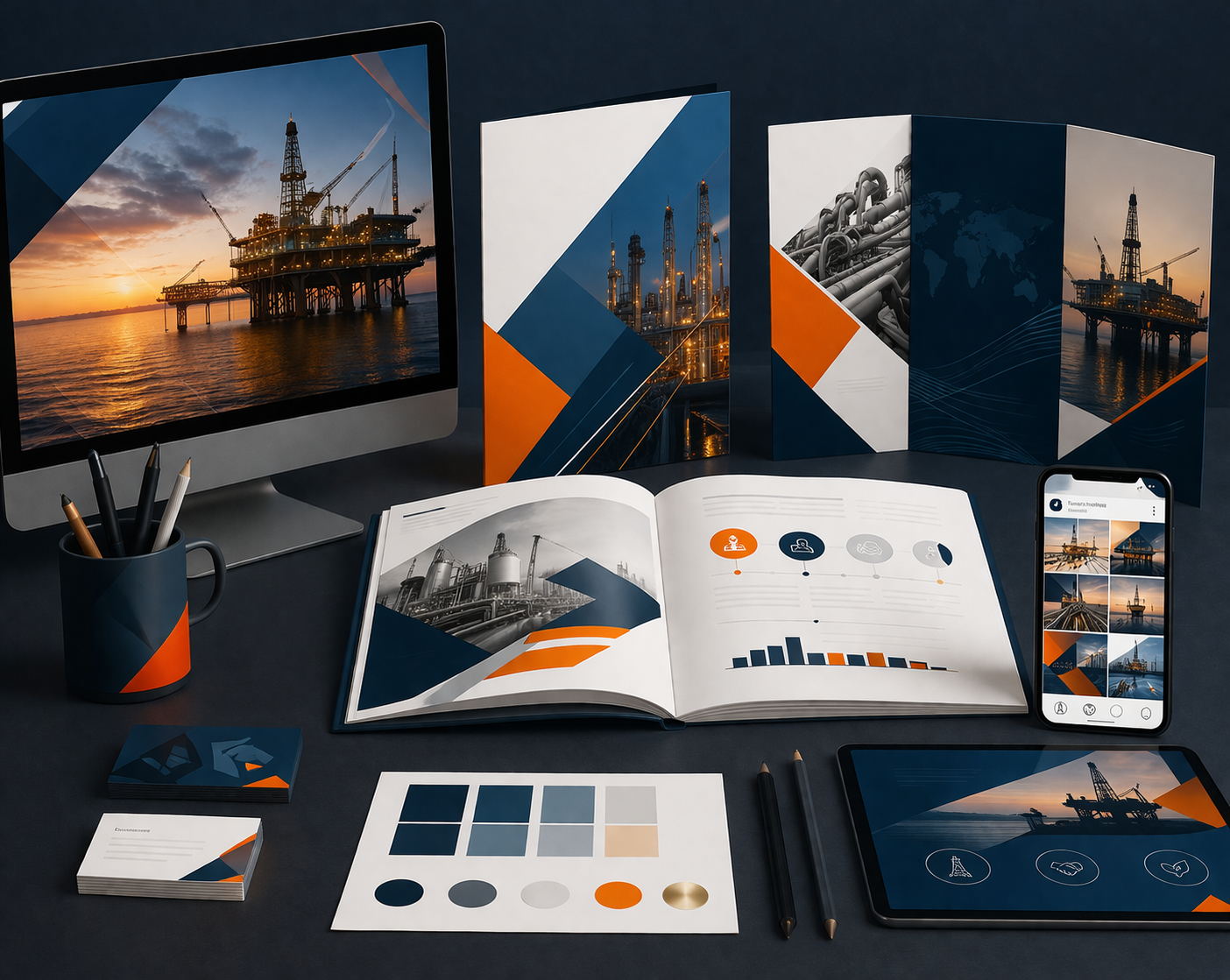 Office workspace with oil platform images on computer monitor, posters, open diary, smartphone, tablet, business cards, color palette, pens, and a mug.