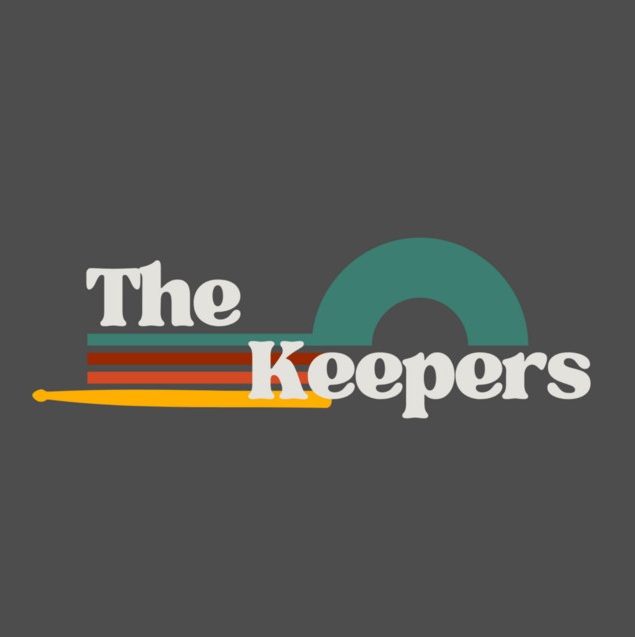 Graphic design with the text 'The Keepers' in bold white letters, a semi-circle shape, and colored horizontal lines and arrow on a dark gray background.
