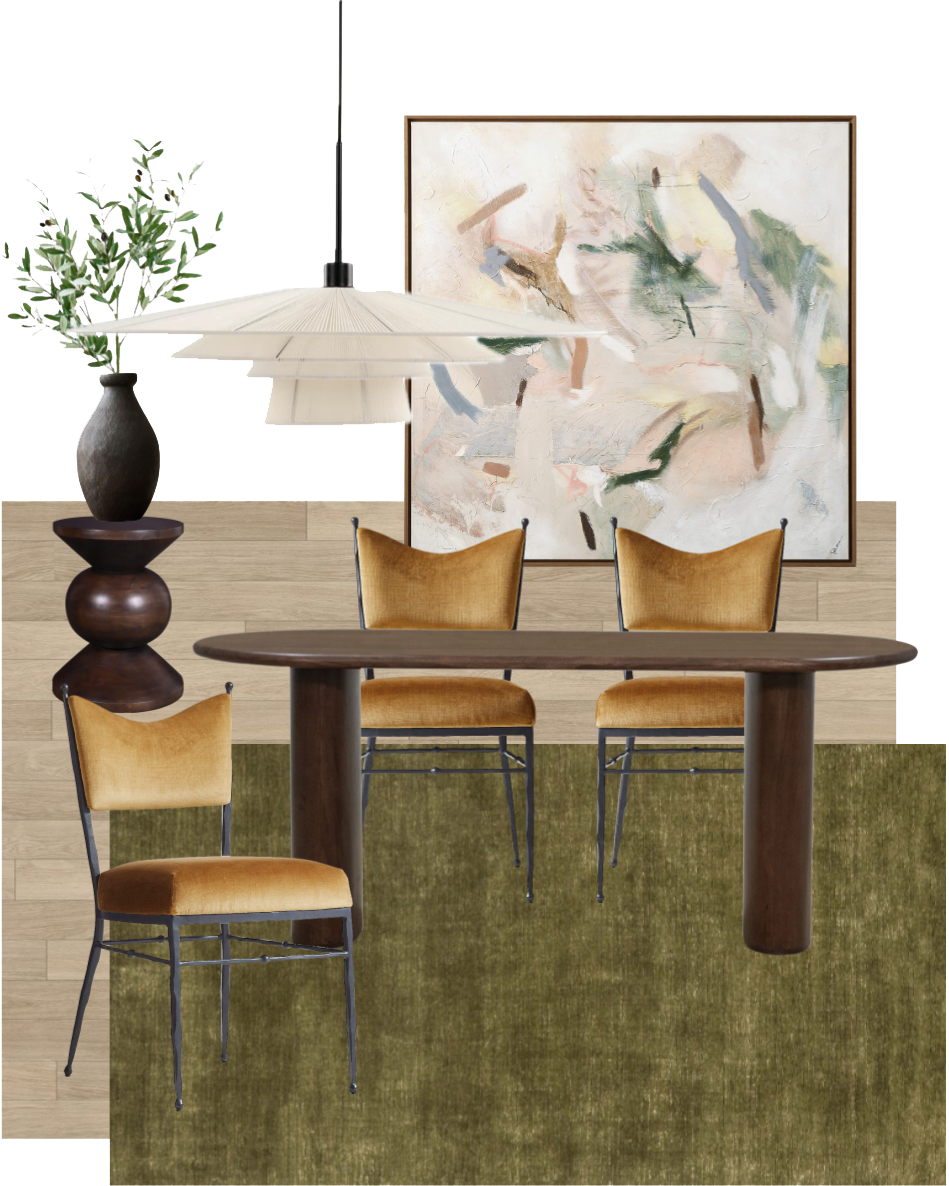 A dining room with a wooden table, three upholstered chairs, a pendant light, a large abstract painting on the wall, a vase with greenery, and a green rug on a light wood floor.