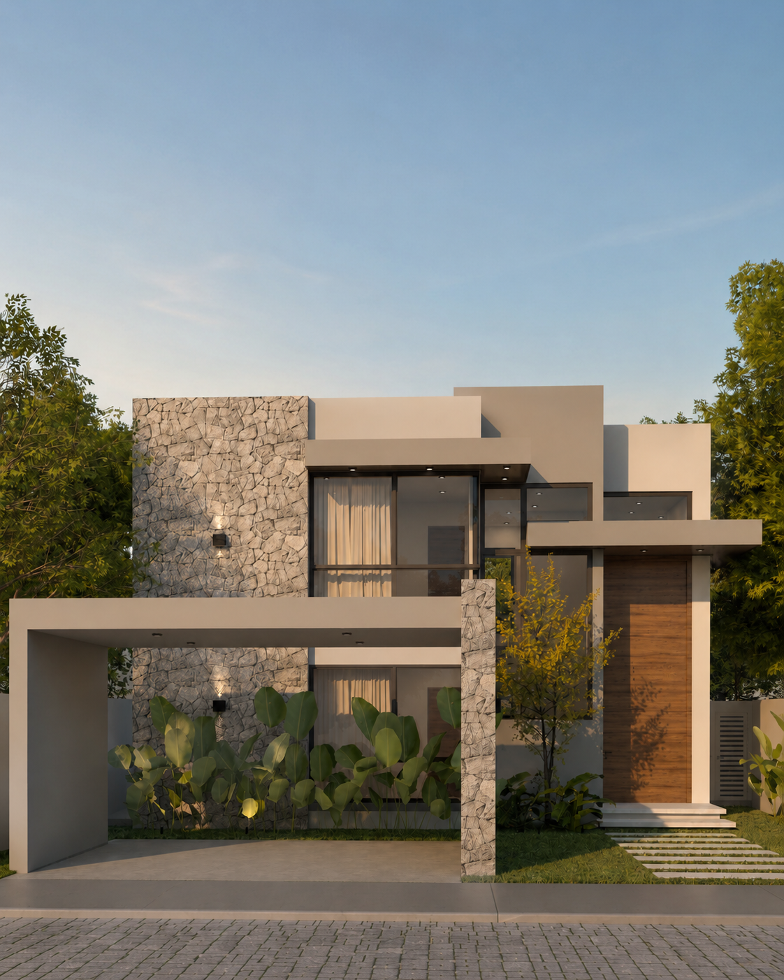Modern two-story house with stone and wood accents, large windows, surrounded by greenery, under a clear sky.