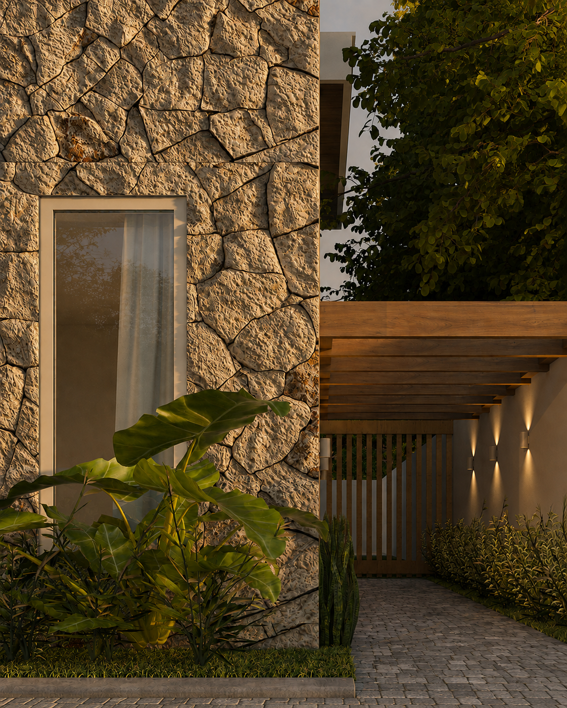 A modern house exterior featuring a textured stone wall with a vertical window, lush green plants in front, and a wooden pergola supported by a white wall with small exterior lights, during dusk.