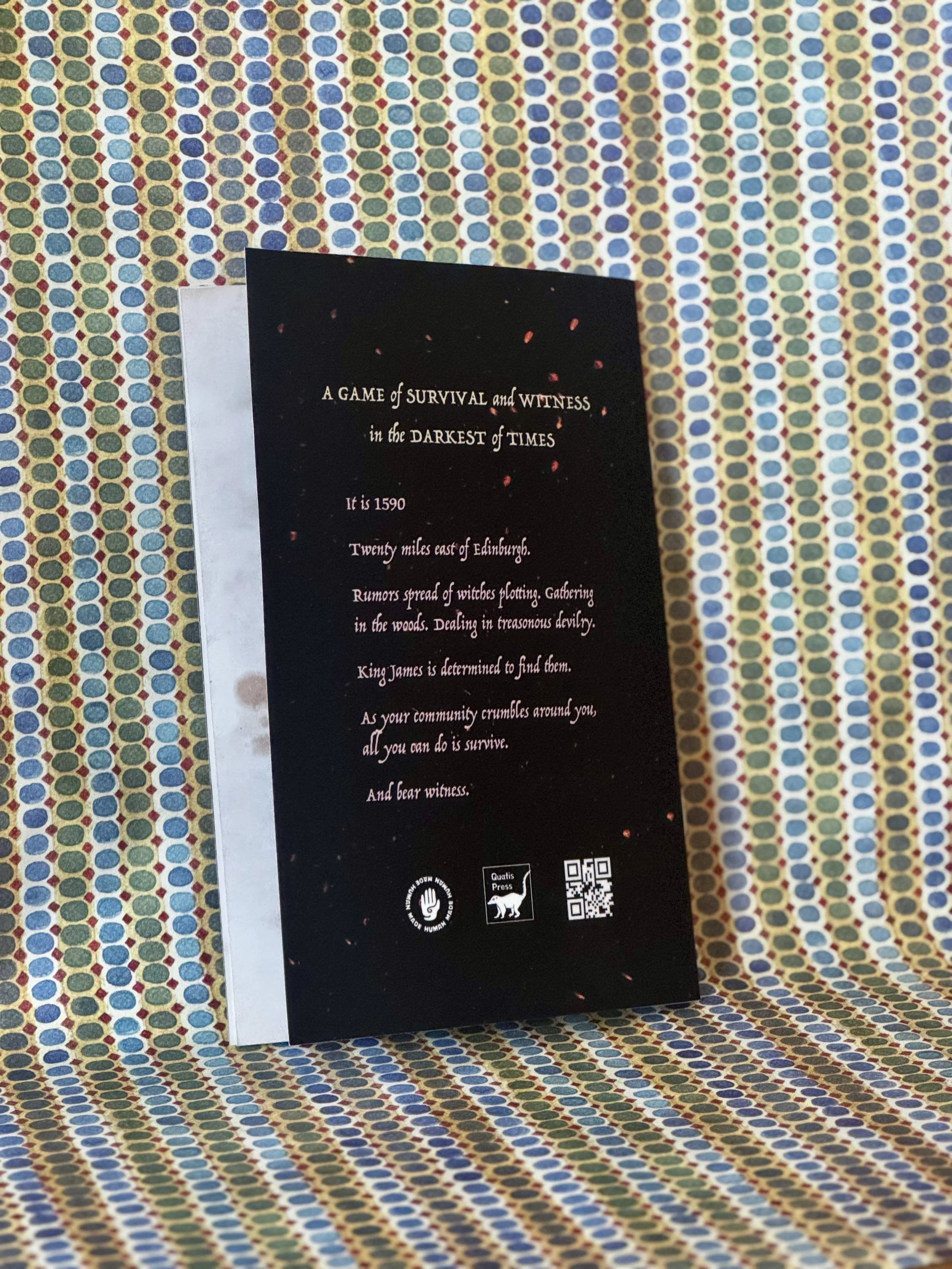 Quatis Press game 1590 A Witching Year solo journaling game back cover.