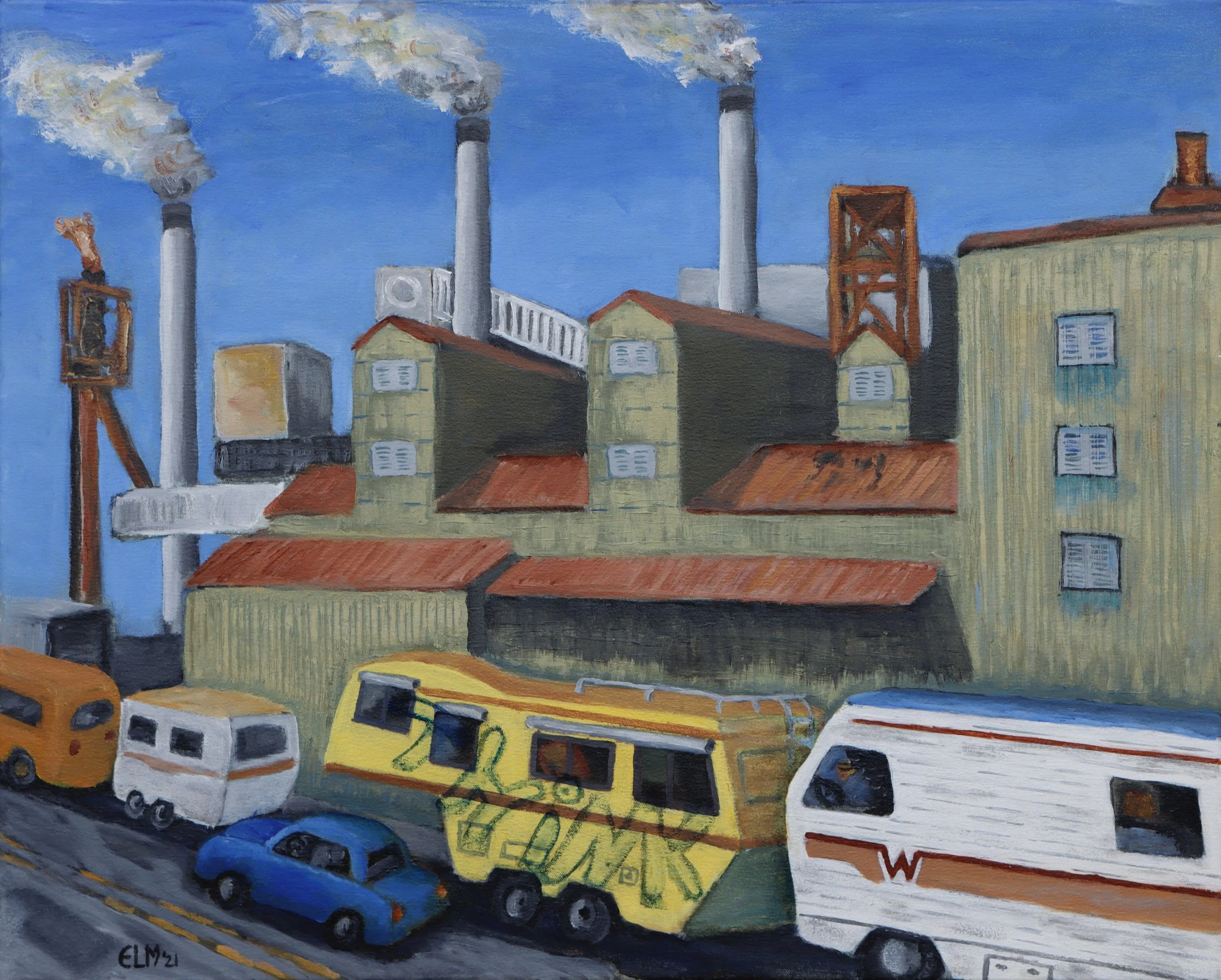 A colorful painting of a city street scene with various vehicles including cars, trucks, and emergency vehicles, and buildings in the background under a bright blue sky.