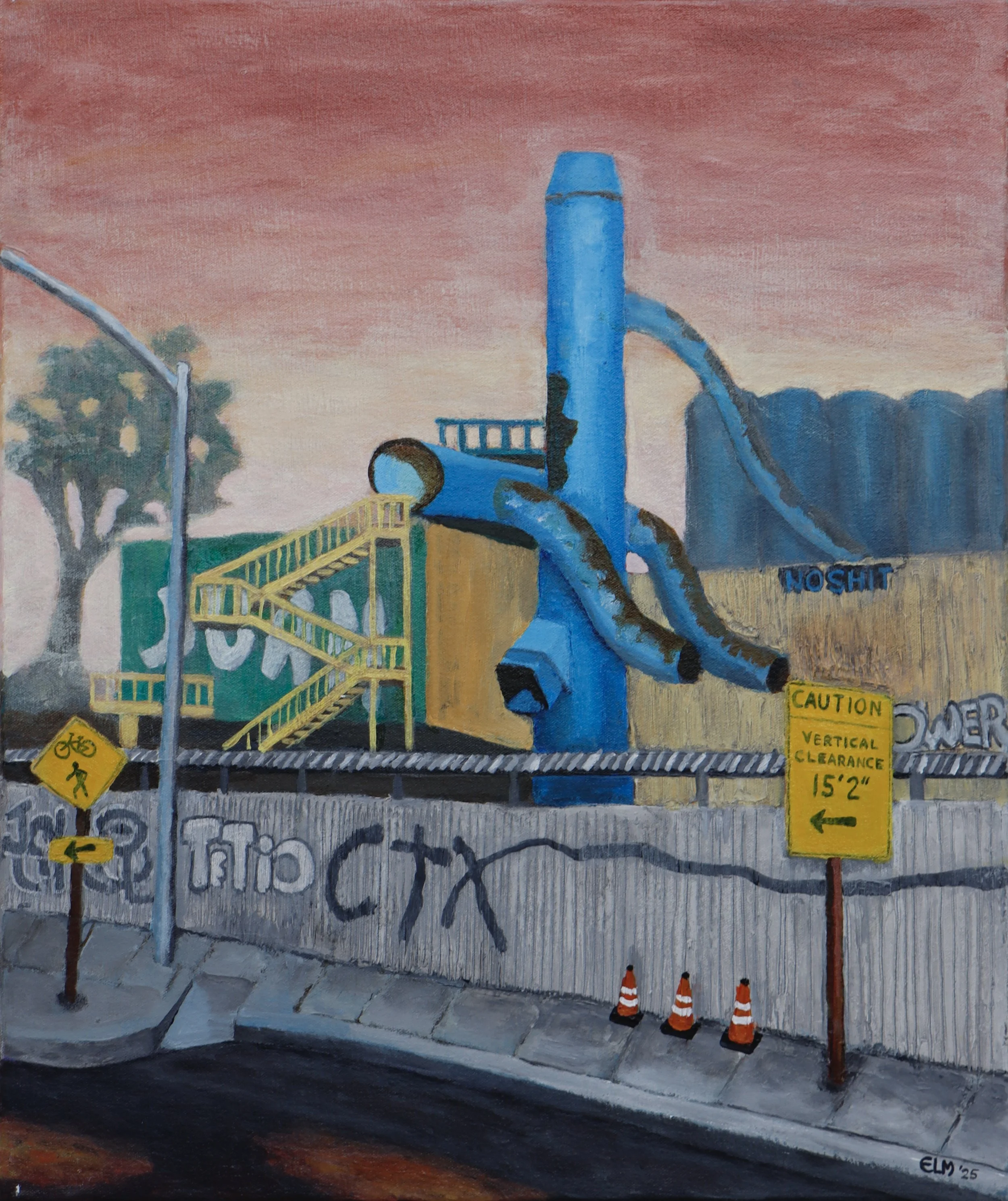 Street view of a construction zone with orange caution cones, a yellow sign reading 'Caution: Vertical Clearance 15'2"', and graffiti on a concrete wall. A blue pipe structure and a yellow staircase are visible, along with a streetlight and trees in 