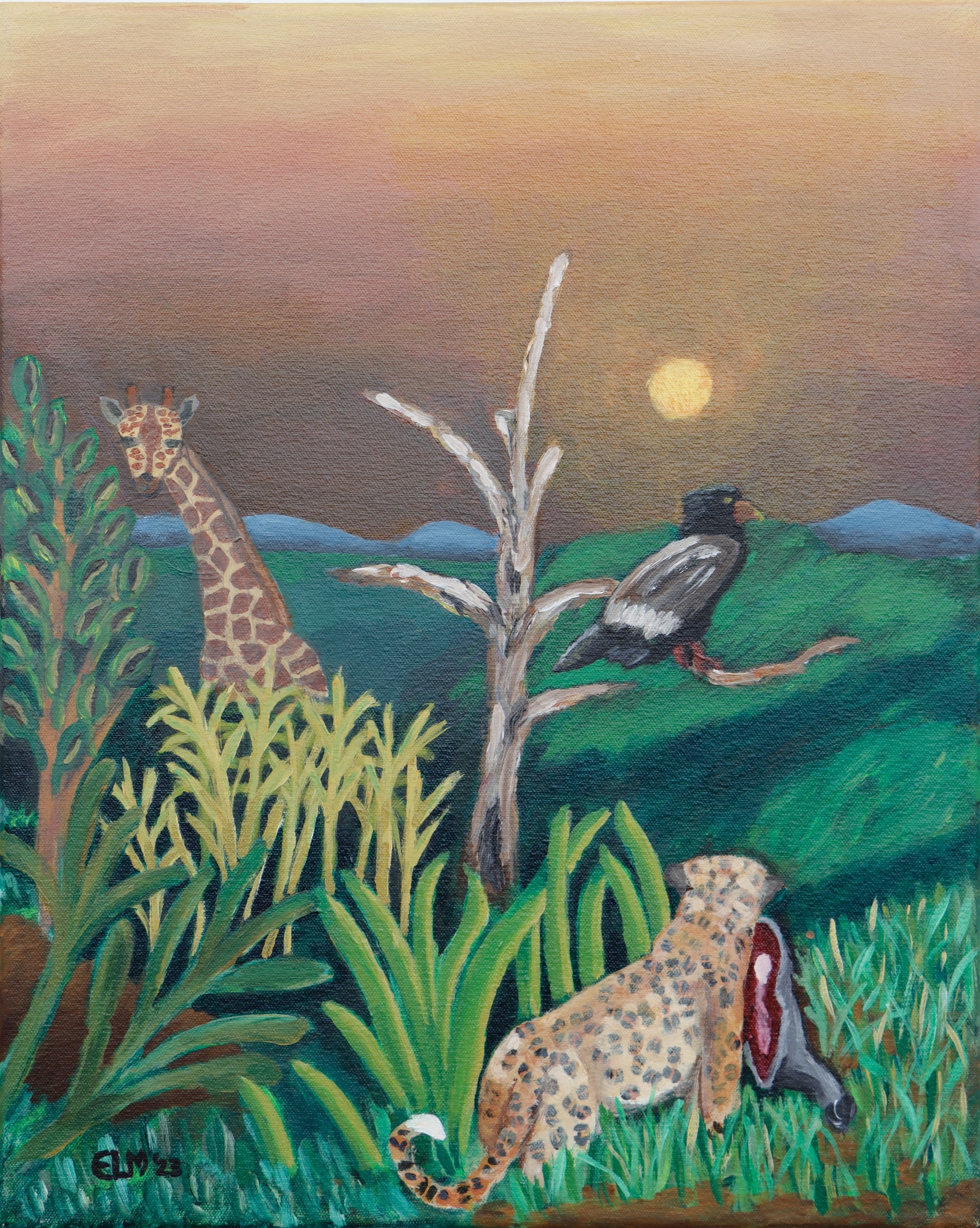 Painting of a giraffe and a leopard lying in tall grass near a small tree, with mountains in the background and a setting sun in the sky.