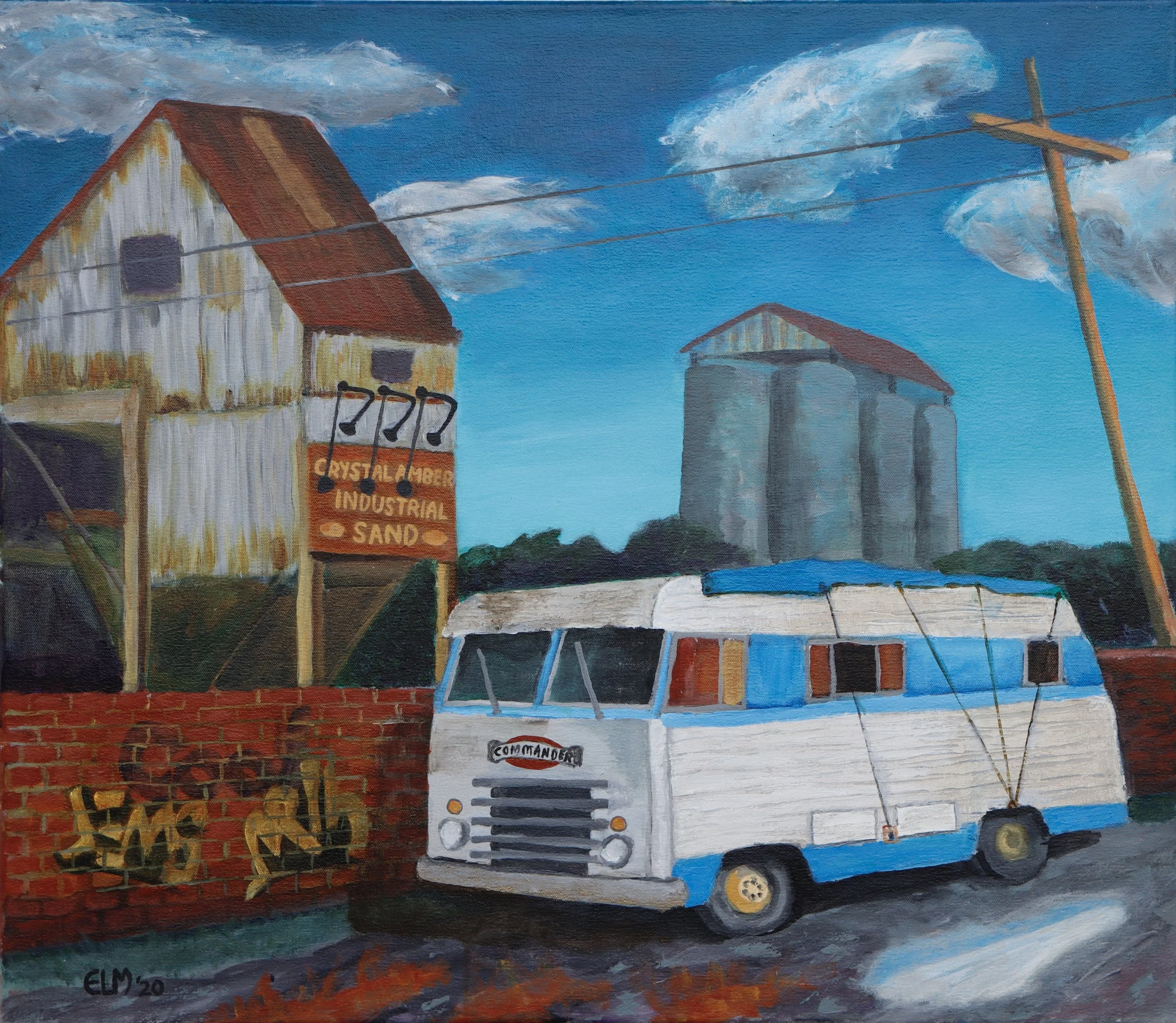 Painting of a farm scene with a white barn, silo, a truck labeled 'COMMANDER,' and a power pole with wires against a blue sky with clouds.