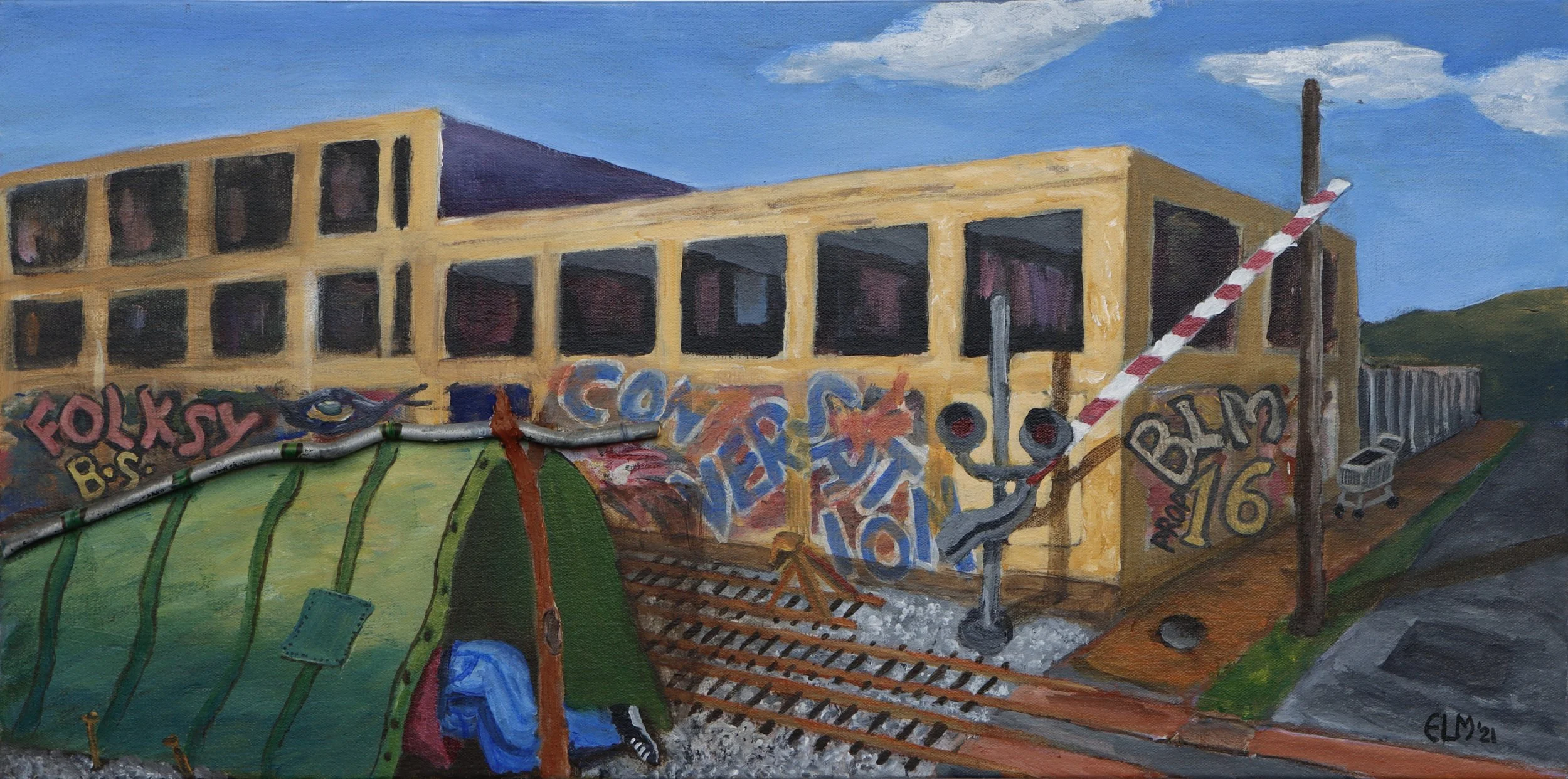A colorful painting of a building under construction with graffiti on the walls, a green tent in the foreground, railway tracks, a barrier arm, and a pole with a sign, under a blue sky with clouds.