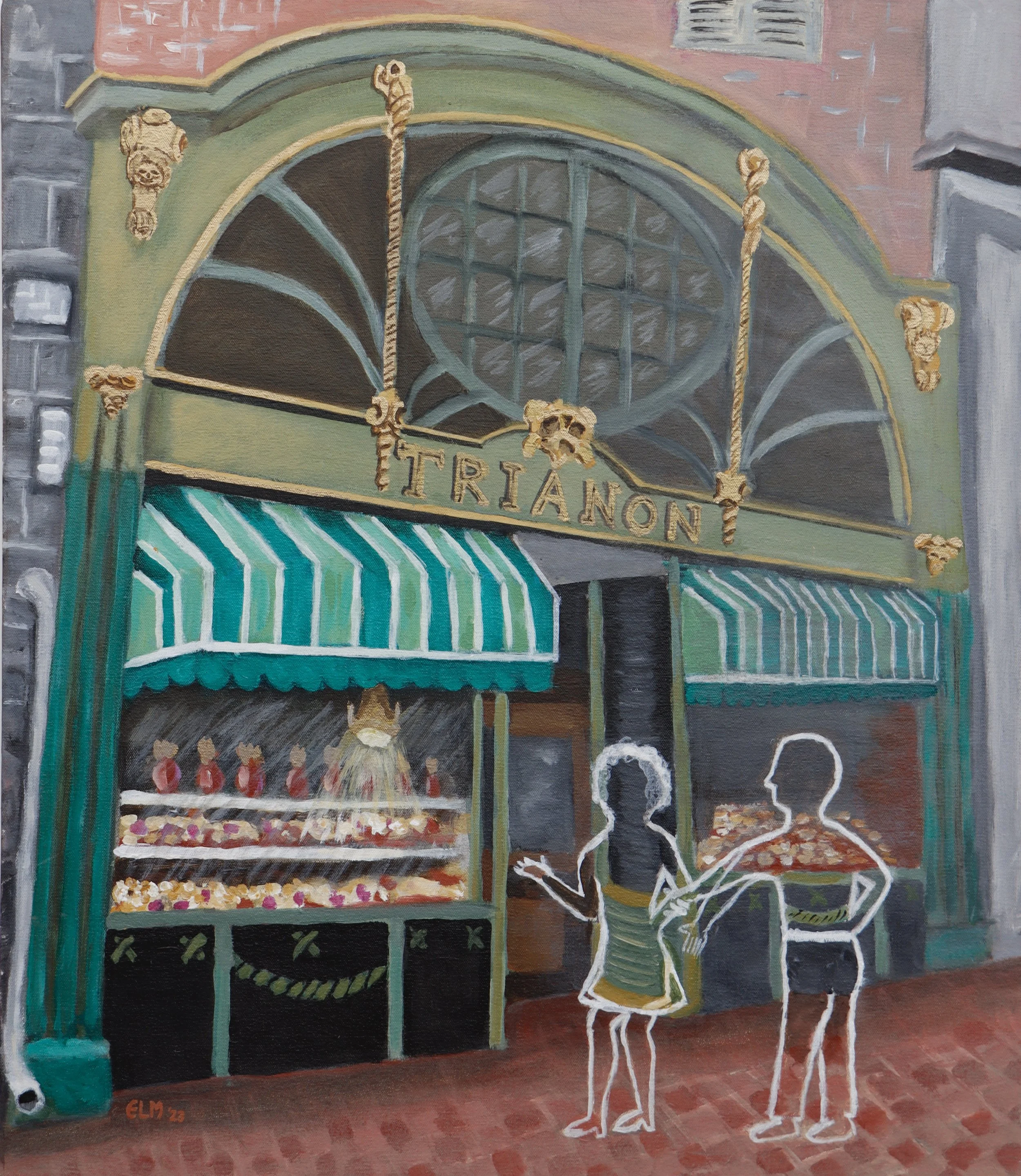 A painting depicts an outdoor scene with a green storefront with an archway. Inside the arch, there are red and white items arranged on shelves. The storefront has the word 'TRIANGON' on it. To the right, there are two skeletons outlined in white, st