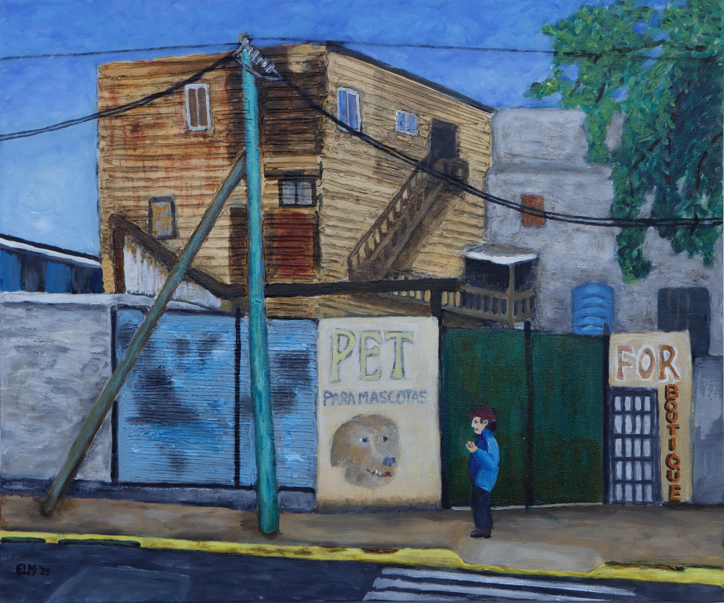 Painting of a two-story house with a staircase on the exterior, power lines crossing in front, and a tree on the right side. There is a person standing on the sidewalk, looking at the house, with signs for pet and food at the bottom.