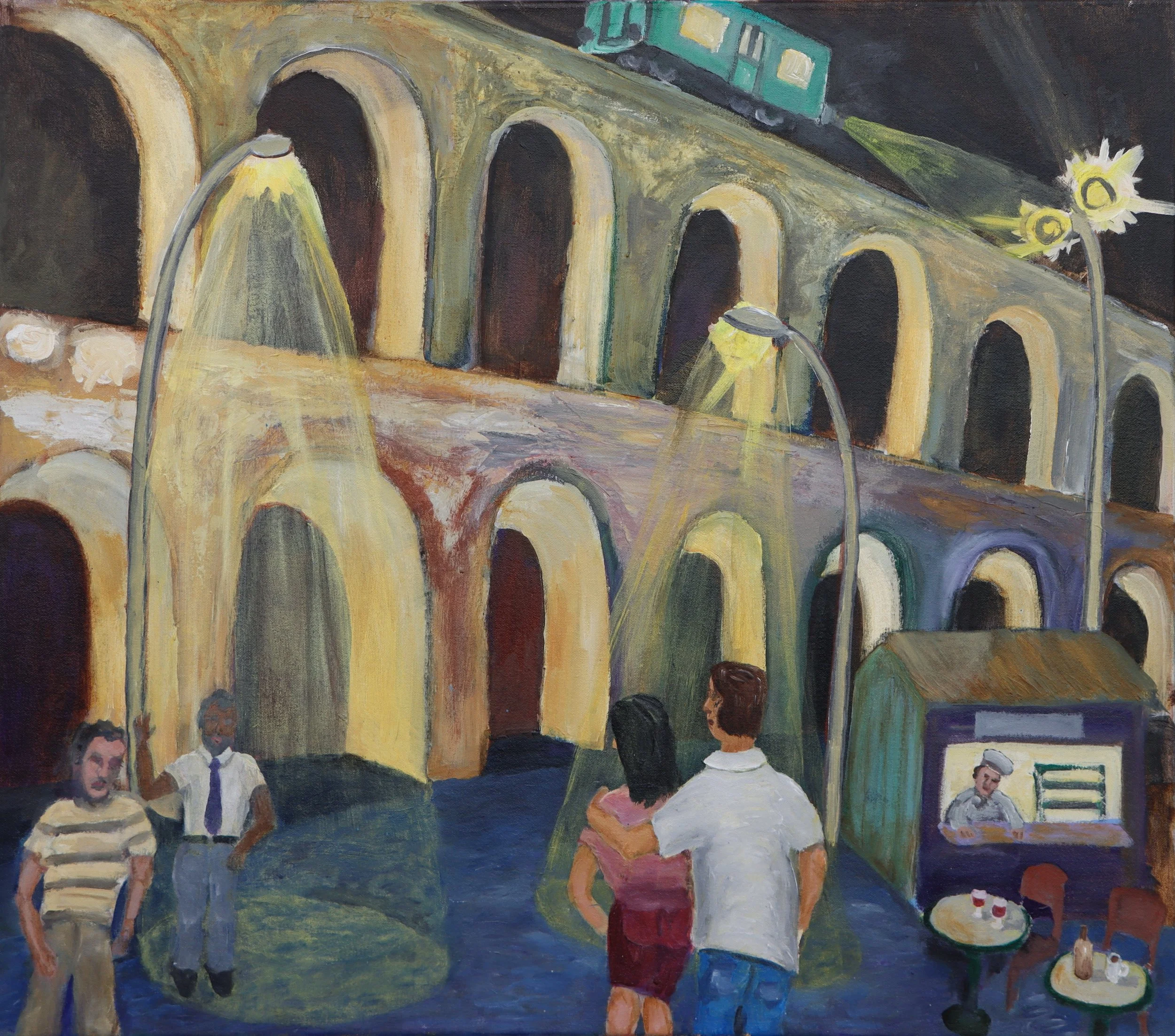 An oil painting depicting people in a lively cafe scene. There are arched windows, streetlights, and a train passing on an elevated track in the background. The scene includes men and women, some standing and some seated at tables, engaging in conver