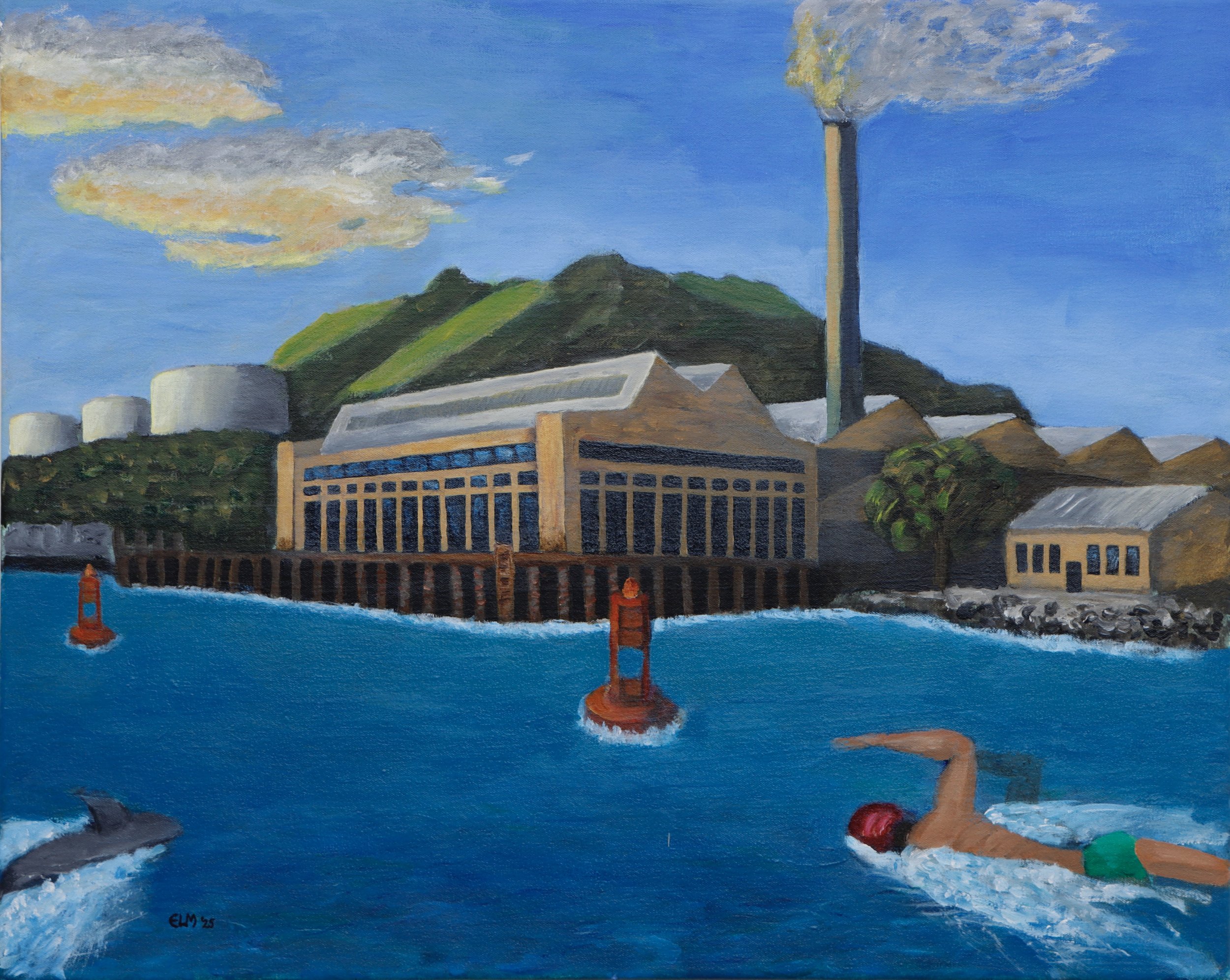 A painted landscape featuring a mountain with green slopes, industrial buildings with smokestacks emitting smoke, and a body of water with buoys, with clouds in the sky.