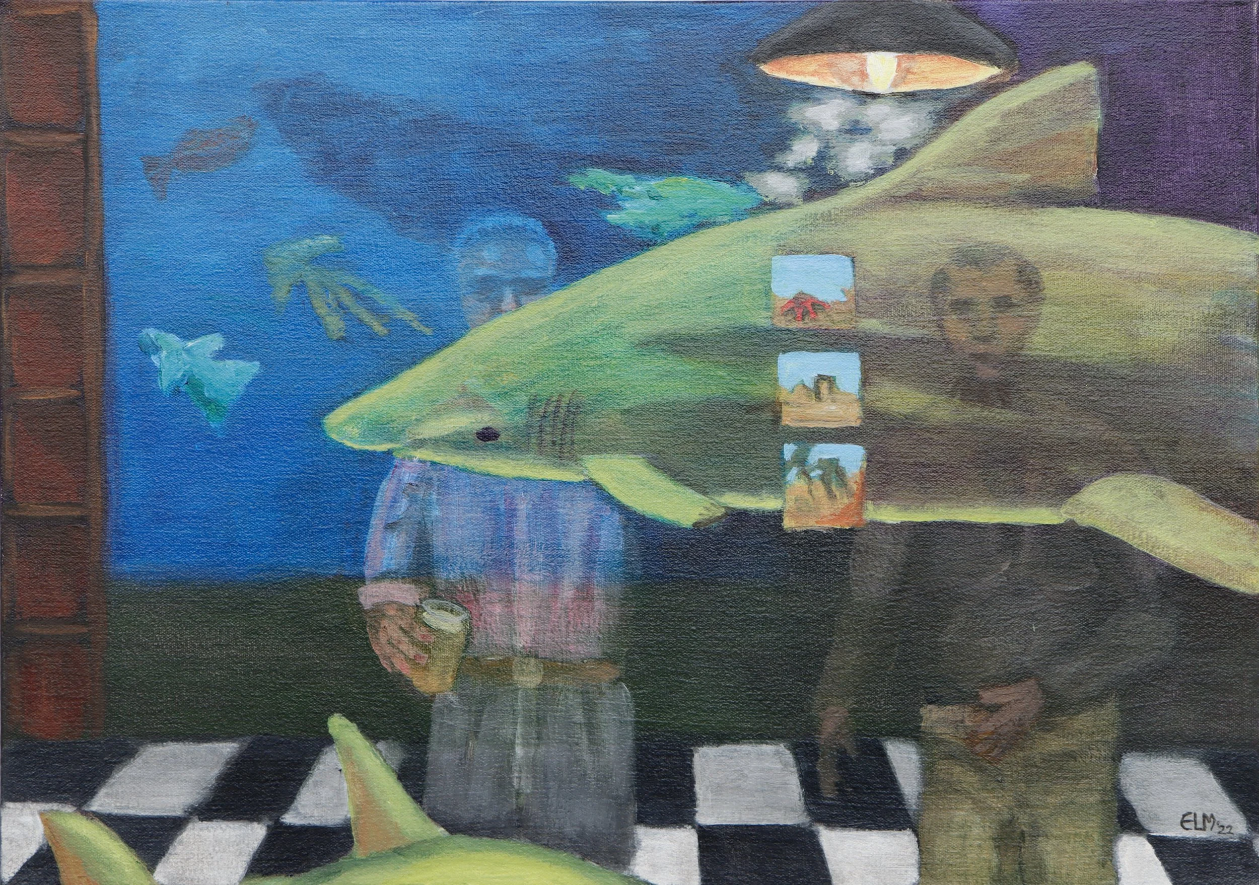 A colorful surreal painting depicting a person with a skull face holding a landscape scene, standing on a black and white checkered floor. The background features a large fish swimming in a blue sky, a black top lamp, and various abstract elements.