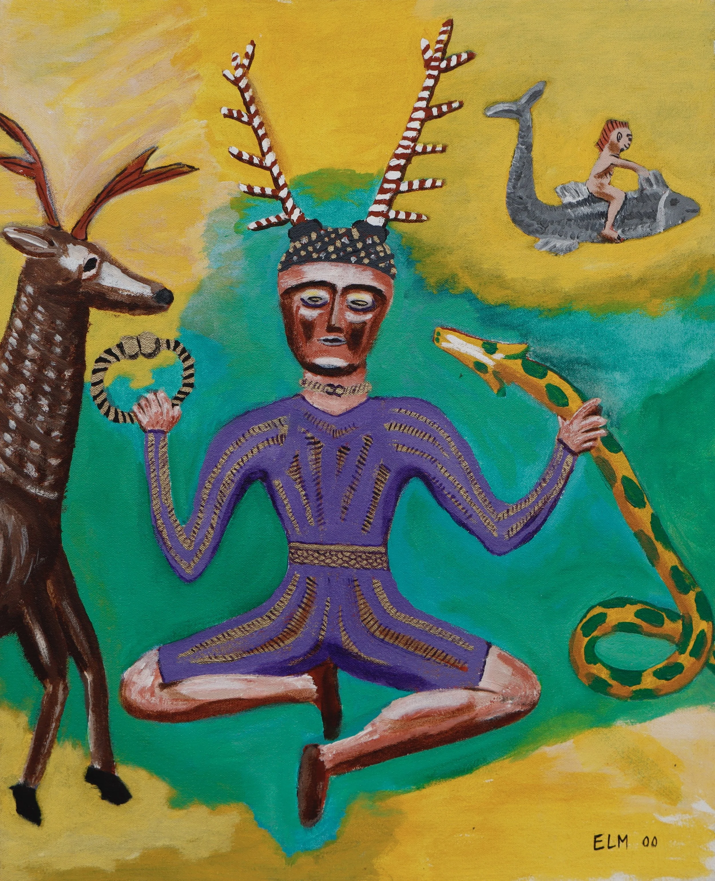 A surreal painting with a yellow background featuring a human figure with a painted face sitting with crossed legs, holding a snake in one hand, and a giraffe-patterned staff in the other. A large deer with antlers and a ring in its nose is on the le