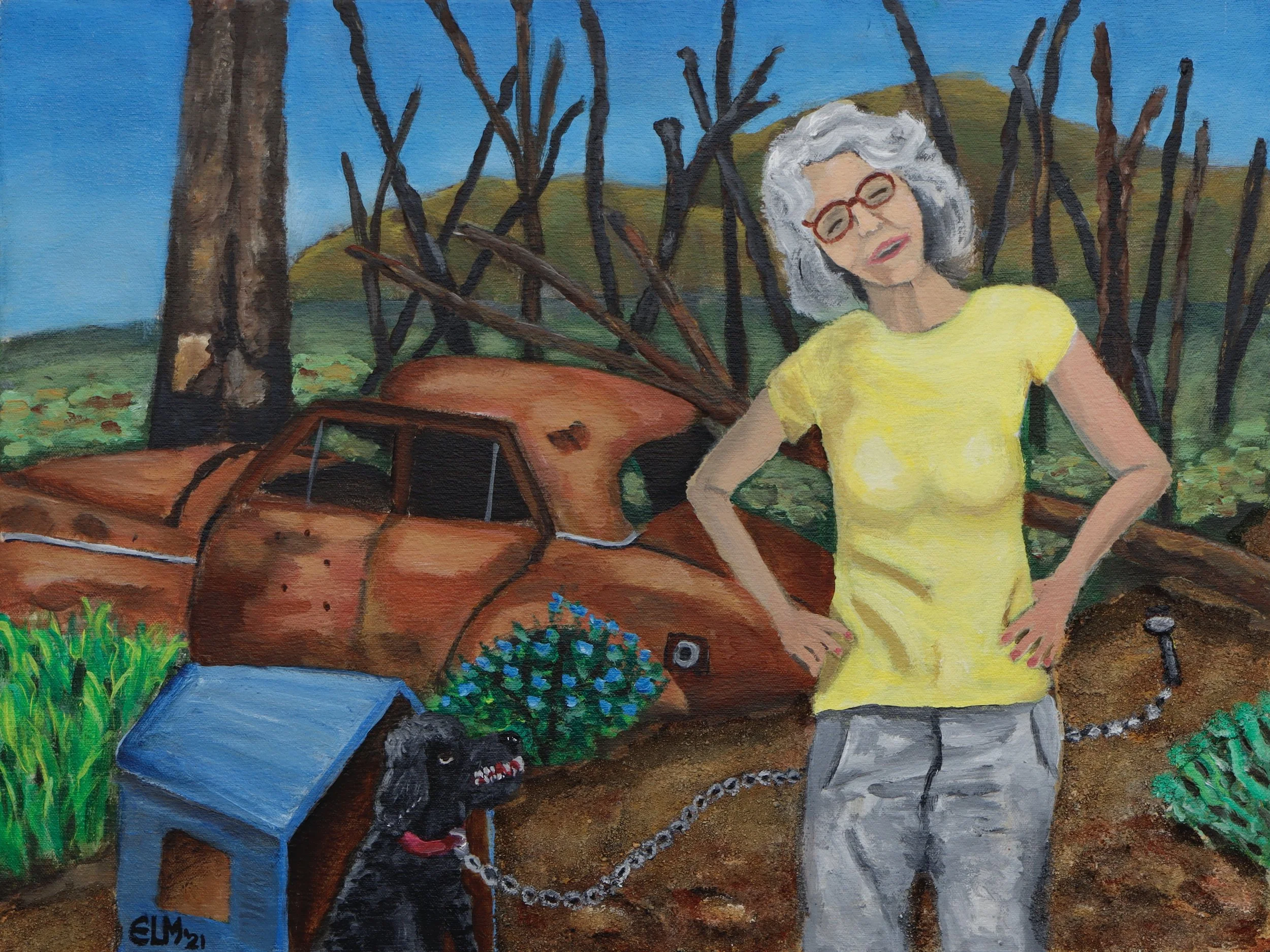 A painting of an older woman with white curly hair and red glasses, wearing a yellow dress, standing outdoors among trees with a blue sky in the background. A small child is in the foreground, reaching toward a dog and holding a ball, with a blue tab