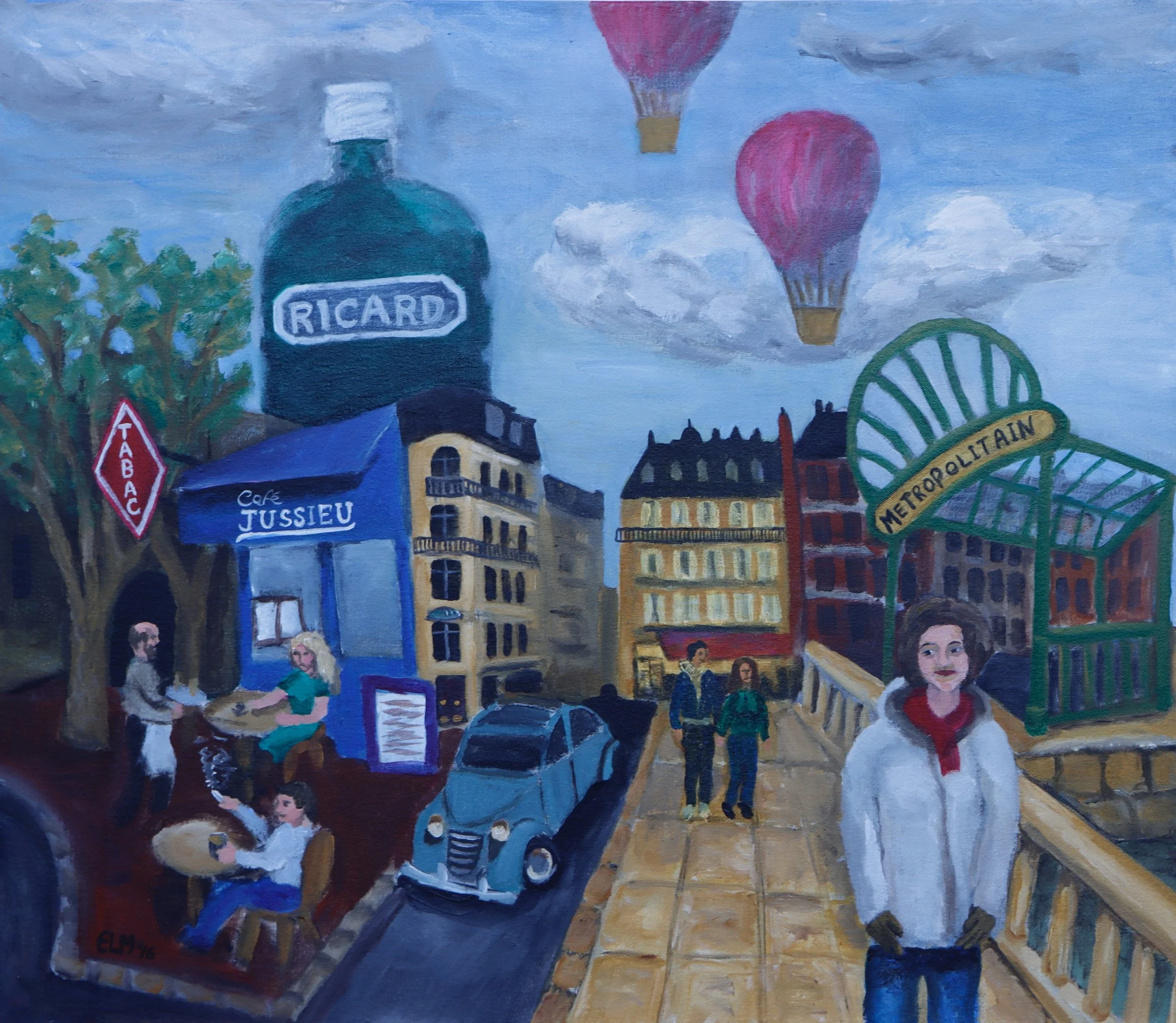 A colorful mural painting depicts a lively city scene with hot air balloons in the sky, buildings, trees, a Ferris wheel, and people walking on the street.