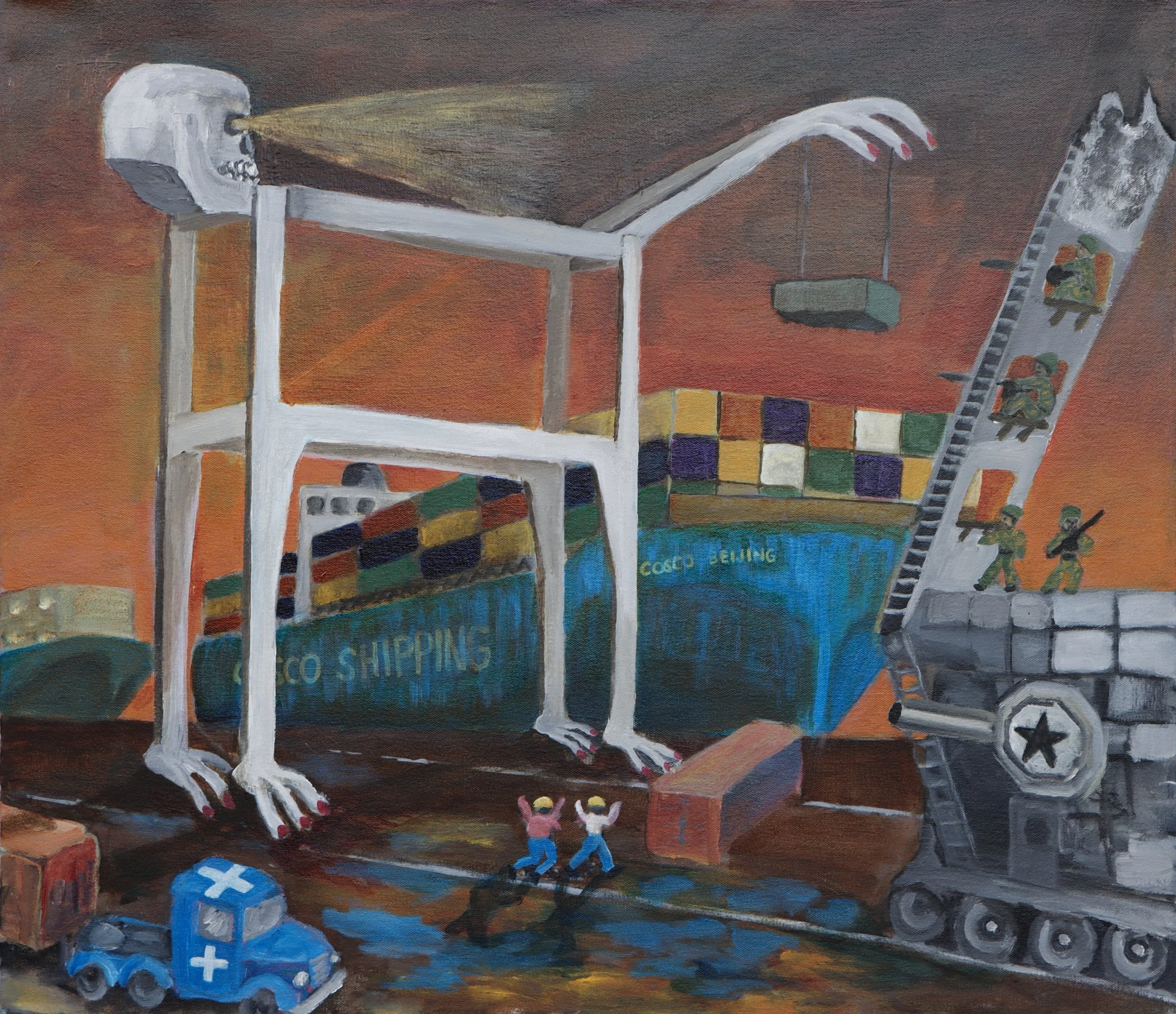 Painting of a large white skeleton with an elongated skull, sitting at a table in a classroom setting, with children raising their hands in front of it. The skeleton has painted nails and hands resting on the table, with a display of colorful cubes n