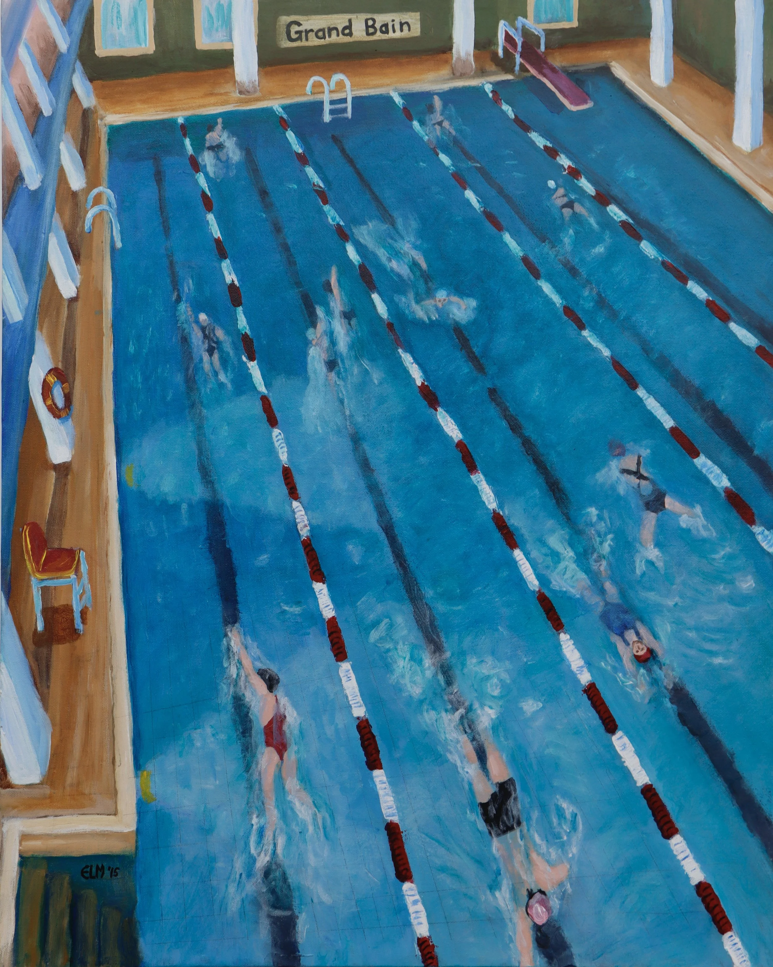 Painting of an indoor swimming pool with lanes, a slide, and a sign that says 'Grand Bain'.