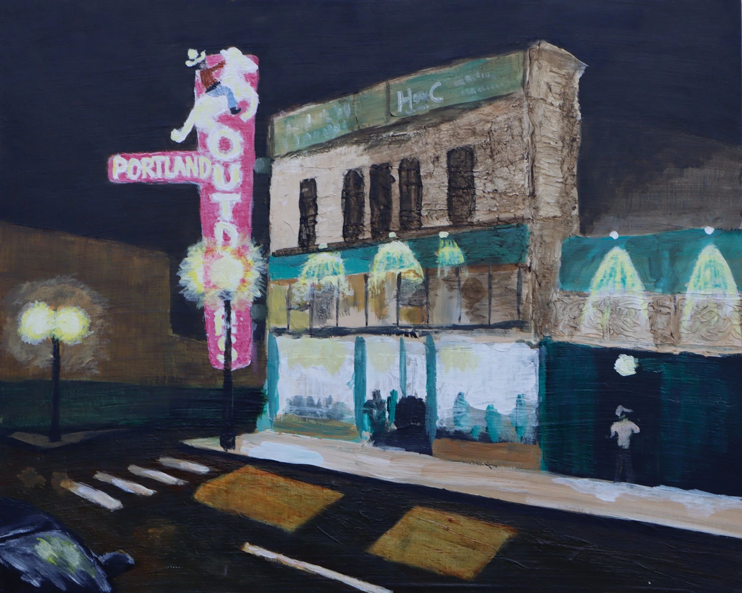 Painting of a neon sign for Portland, Oregon, with a cow figure, and a building with a green sign that reads "H & C" beneath a dark night sky.