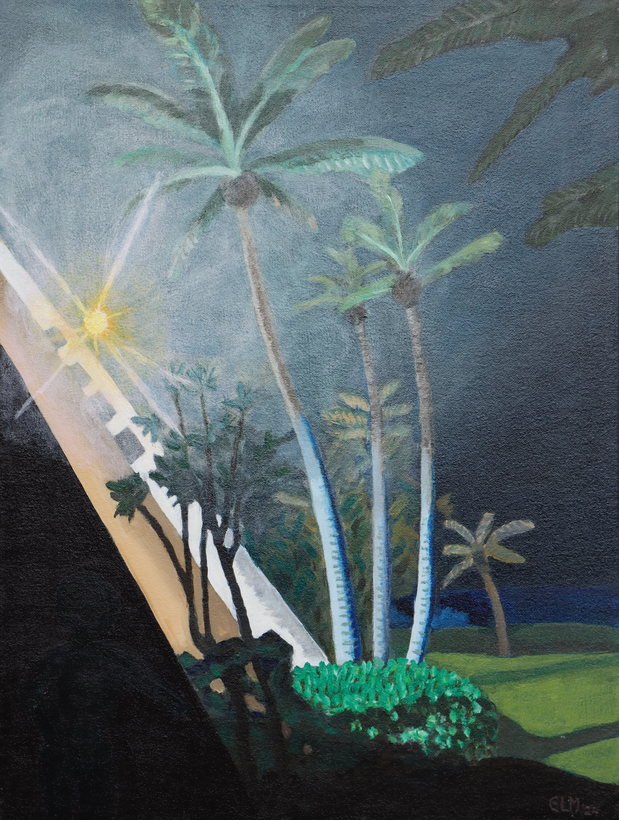 A painting of a tropical scene with tall palm trees with large leaves against a blue sky, a waterfall flowing from the left side, and lush green bushes at the bottom.