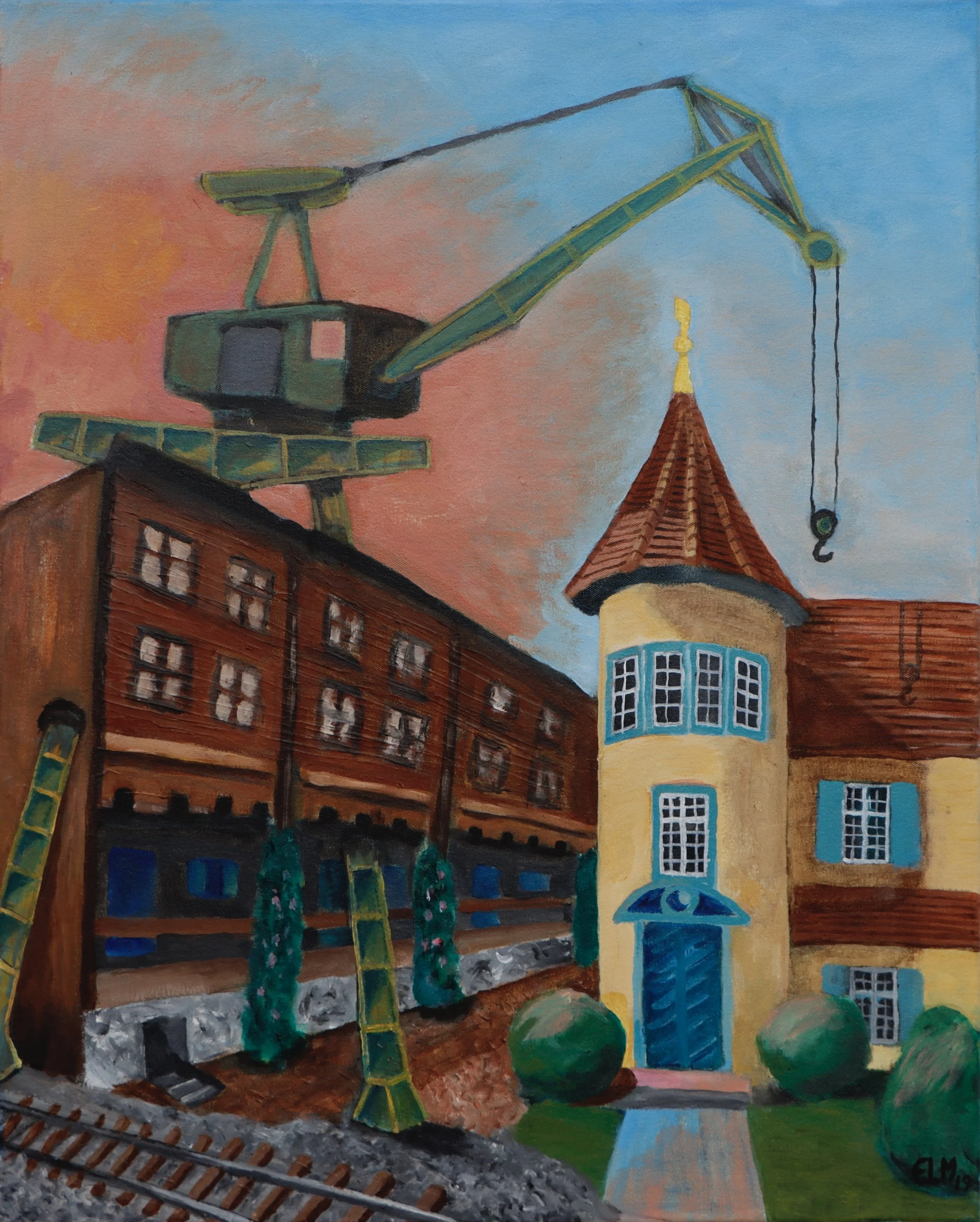 A painting of a scene with a large construction crane, a building, and a church steeple with a golden cross under a colorful sky.